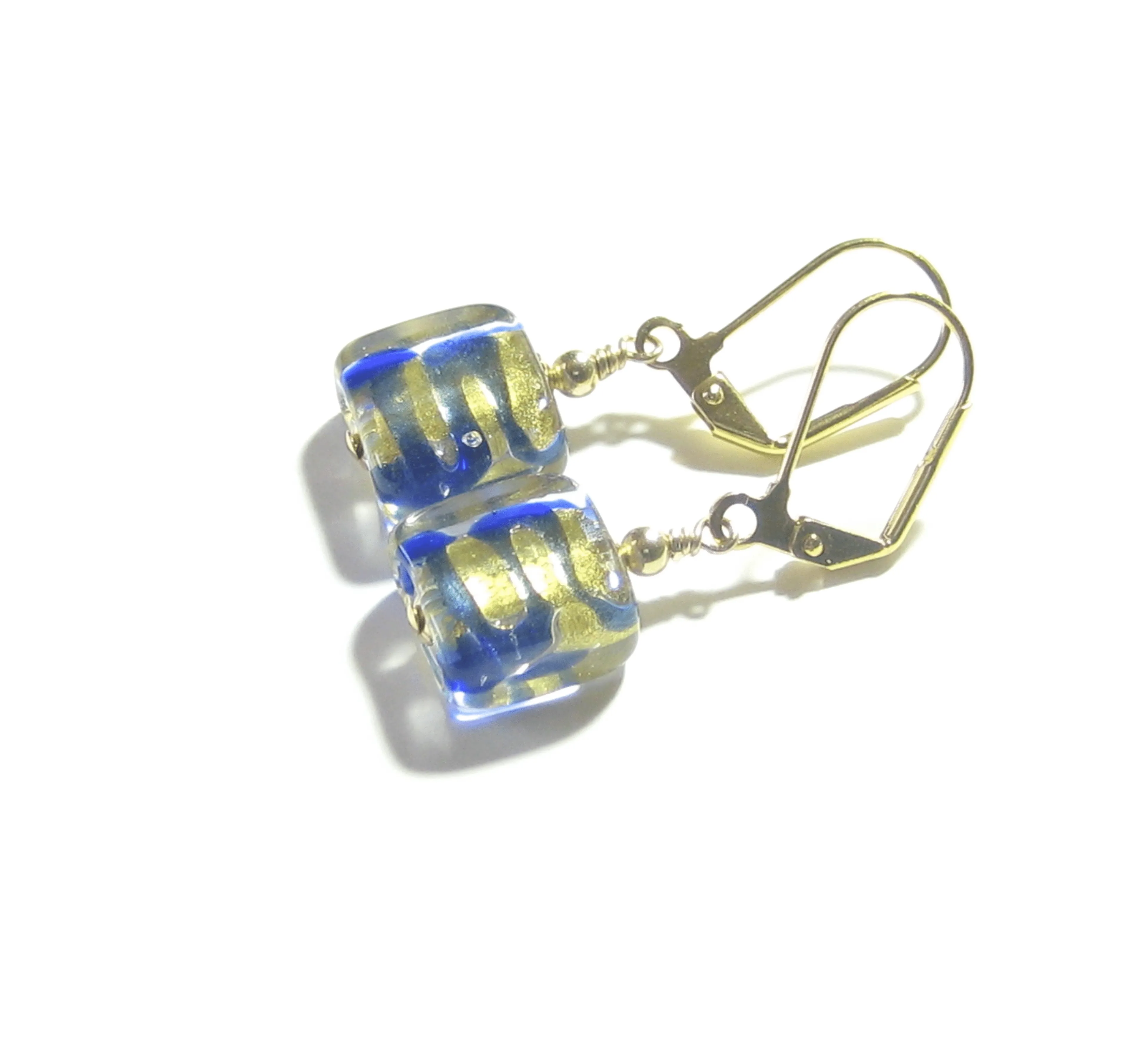 Murano Glass Blue Gold Striped Square Gold Earrings by JKC Murano