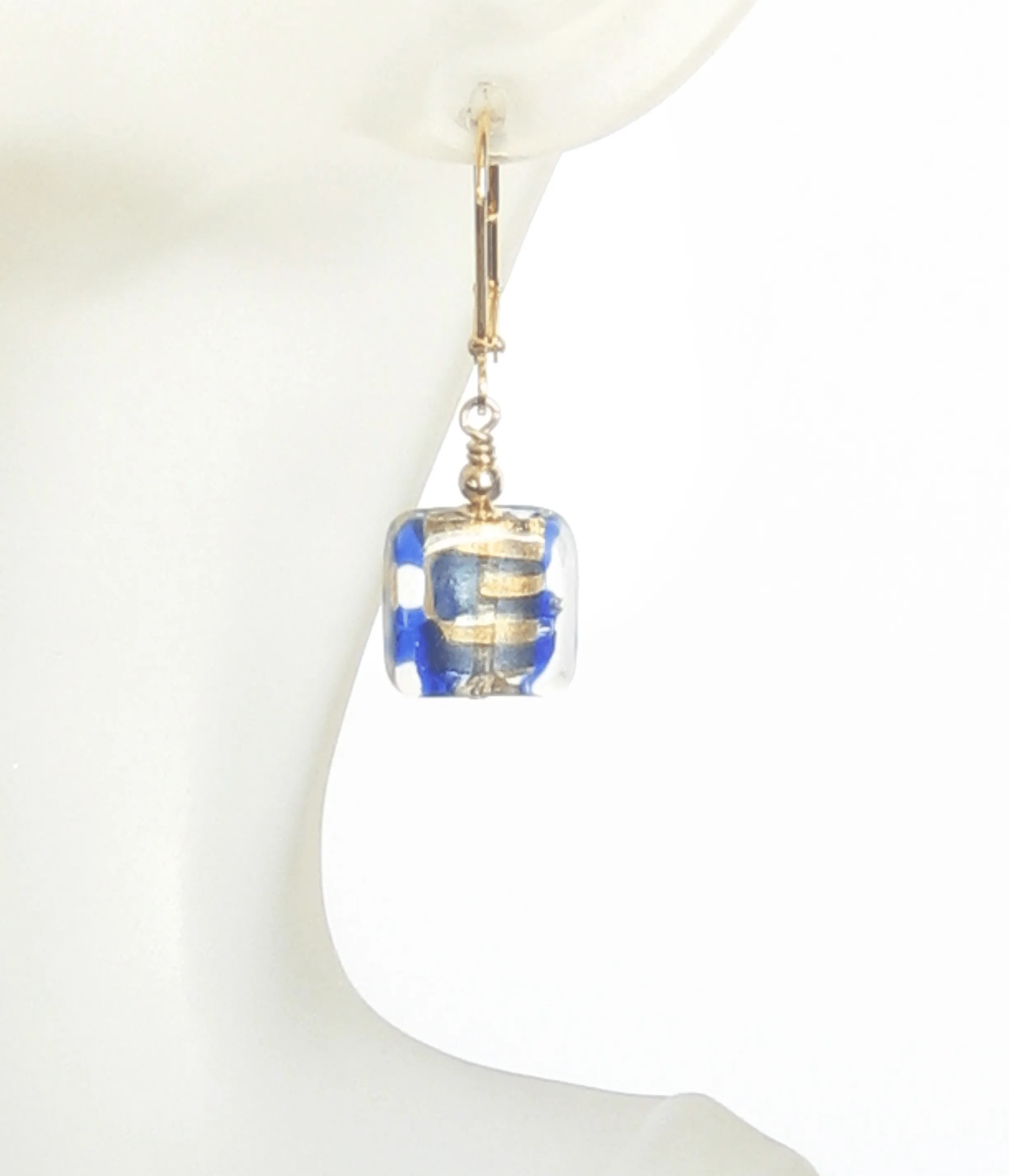 Murano Glass Blue Gold Striped Square Gold Earrings by JKC Murano
