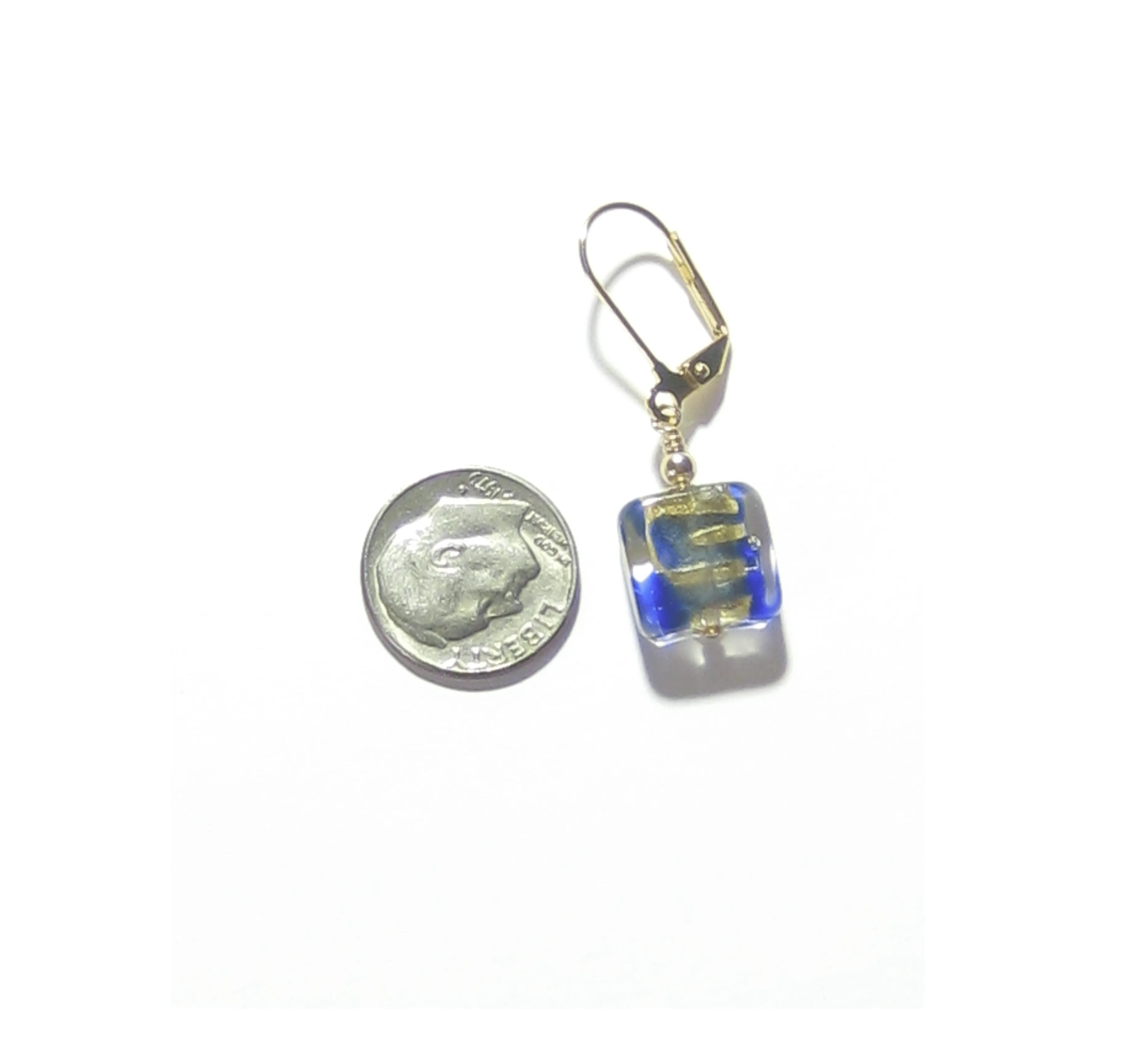 Murano Glass Blue Gold Striped Square Gold Earrings by JKC Murano