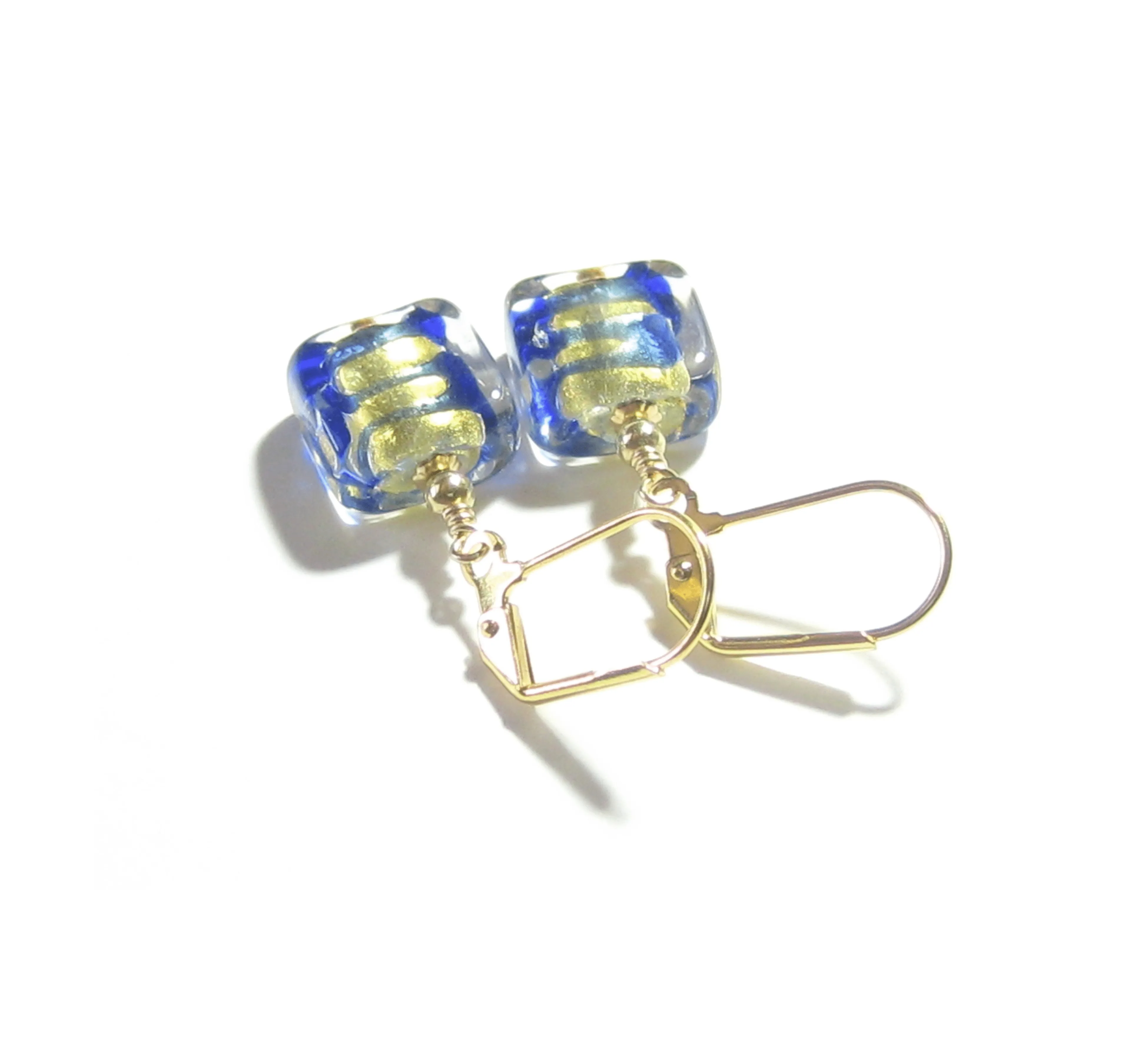 Murano Glass Blue Gold Striped Square Gold Earrings by JKC Murano
