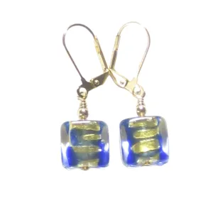 Murano Glass Blue Gold Striped Square Gold Earrings by JKC Murano