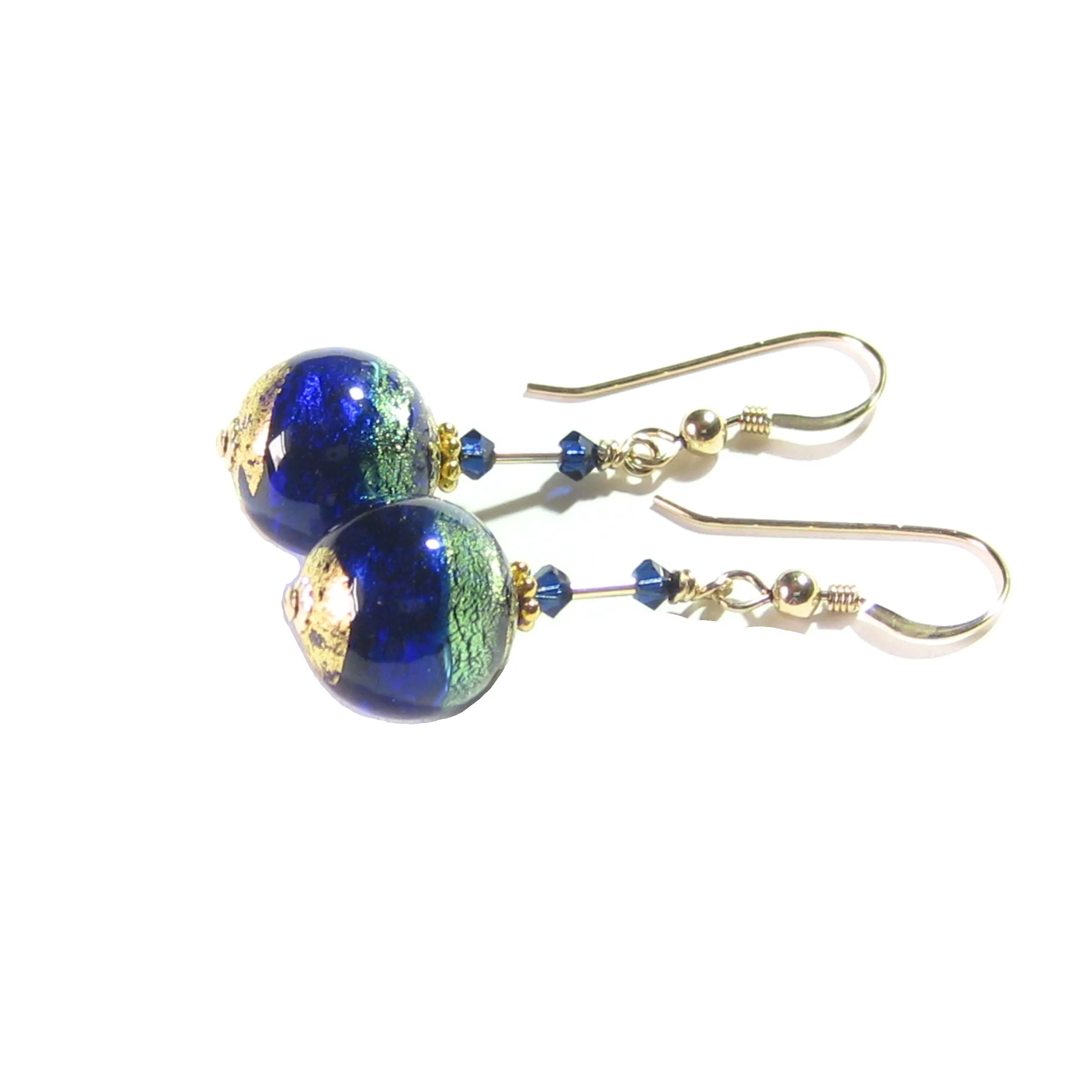 Murano Glass Cobalt Blue Aqua Ball Gold Earrings by JKC Murano
