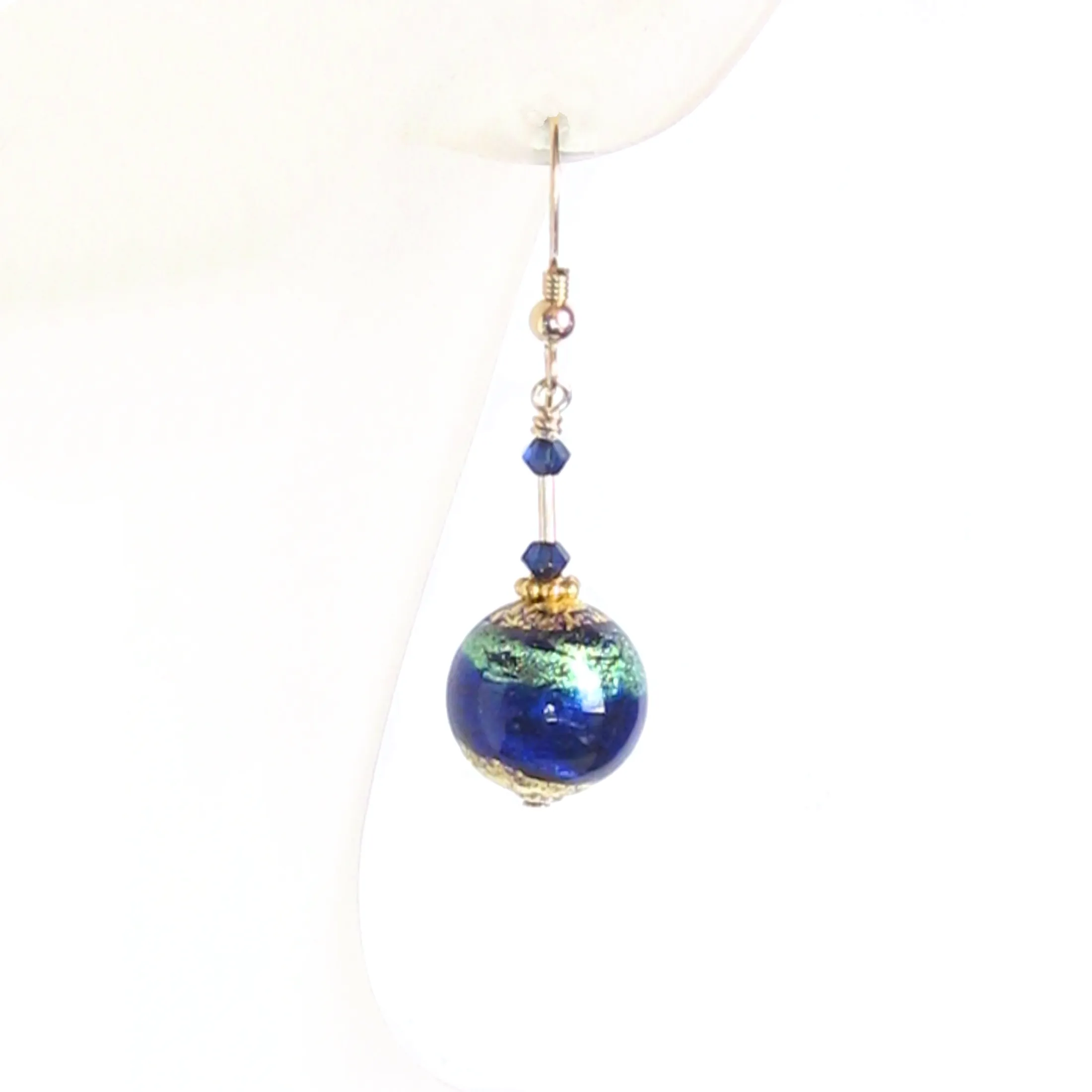 Murano Glass Cobalt Blue Aqua Ball Gold Earrings by JKC Murano