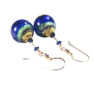 Murano Glass Cobalt Blue Aqua Ball Gold Earrings by JKC Murano