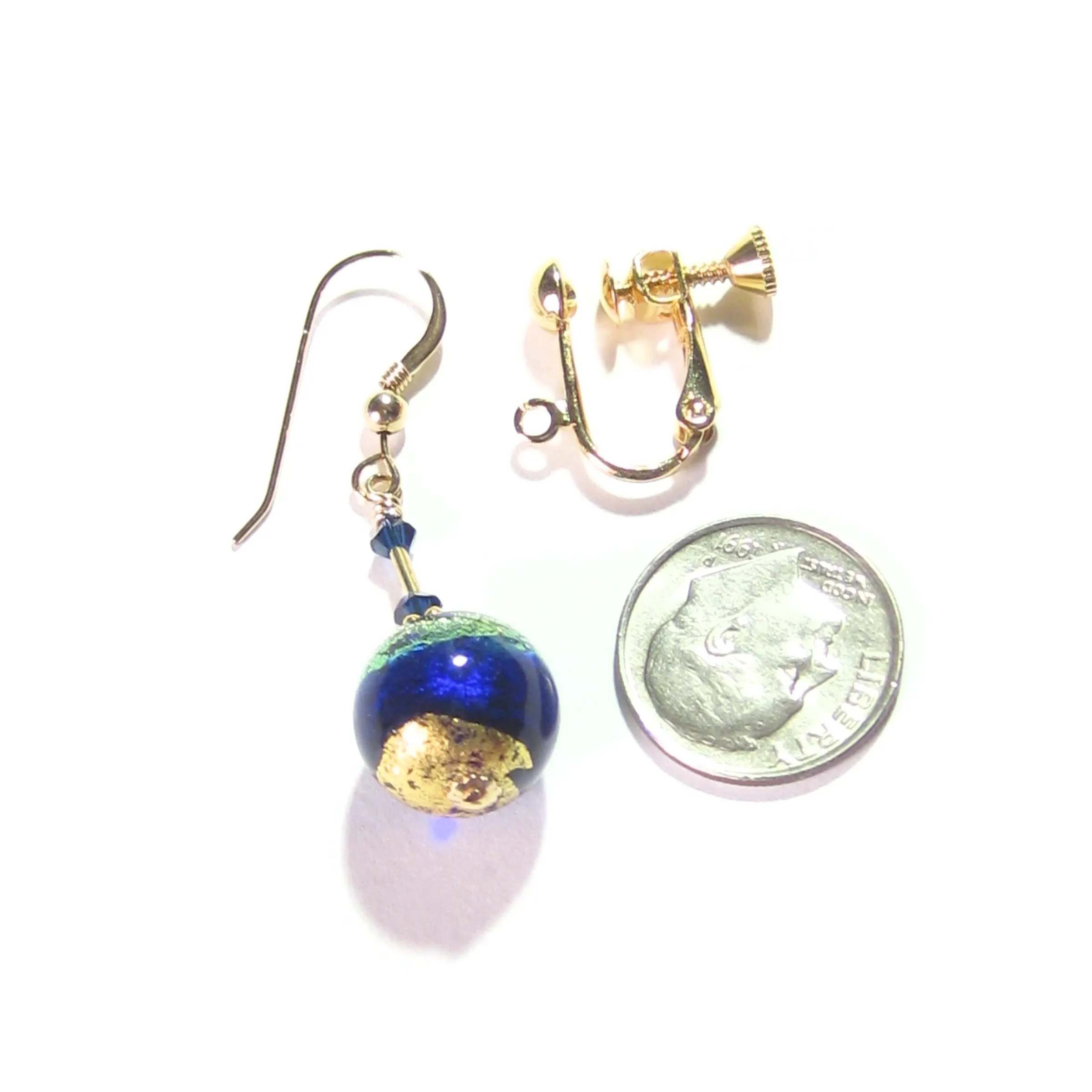 Murano Glass Cobalt Blue Aqua Ball Gold Earrings by JKC Murano