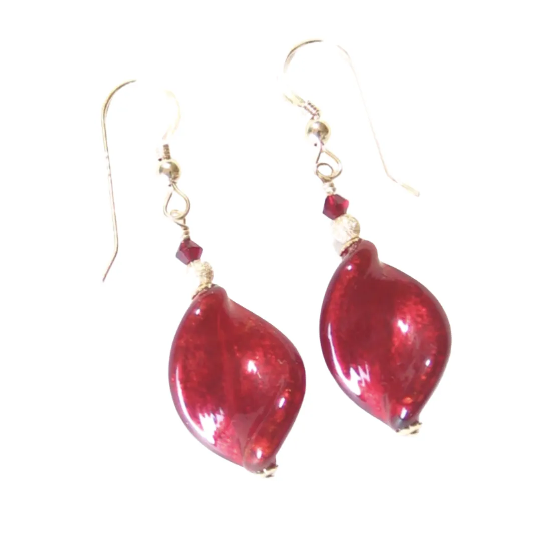 Murano Glass Red Twist Gold Earrings By JKC Murano