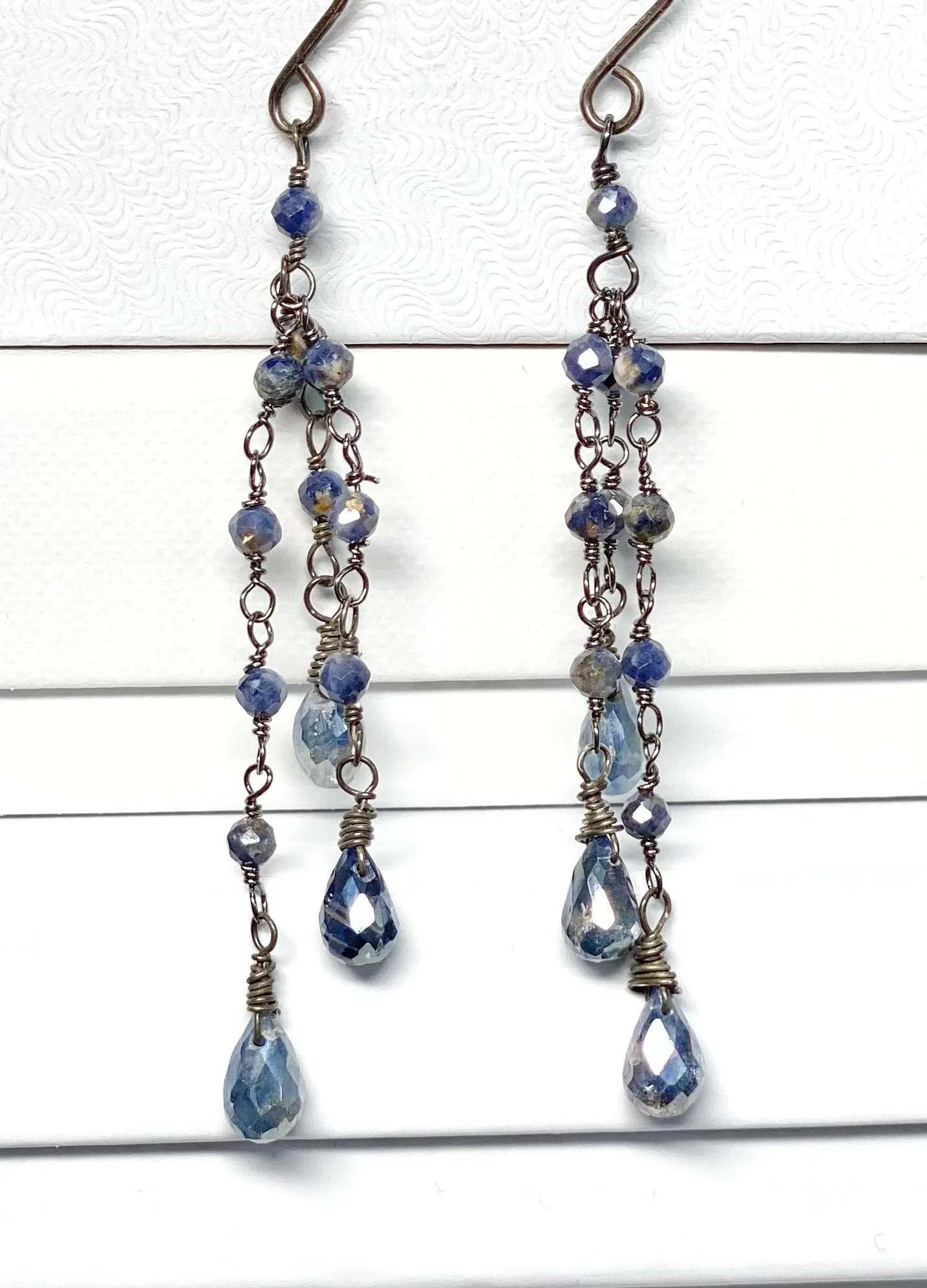 Mystic Blue Kyanite Dainty Tassel Earrings Oxidized Silver