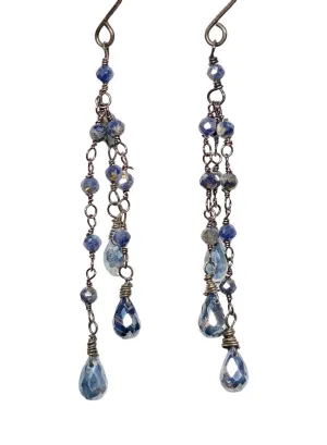 Mystic Blue Kyanite Dainty Tassel Earrings Oxidized Silver