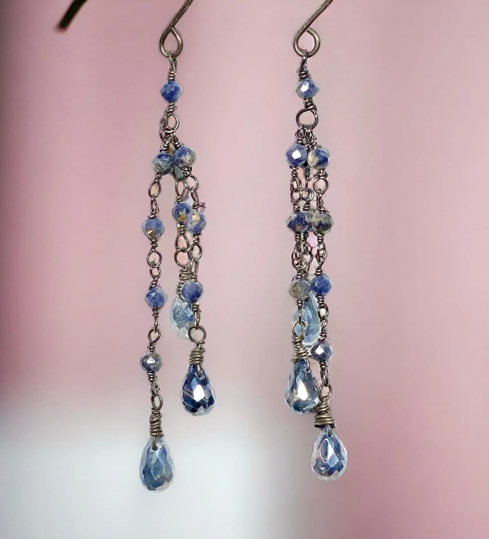 Mystic Blue Kyanite Dainty Tassel Earrings Oxidized Silver