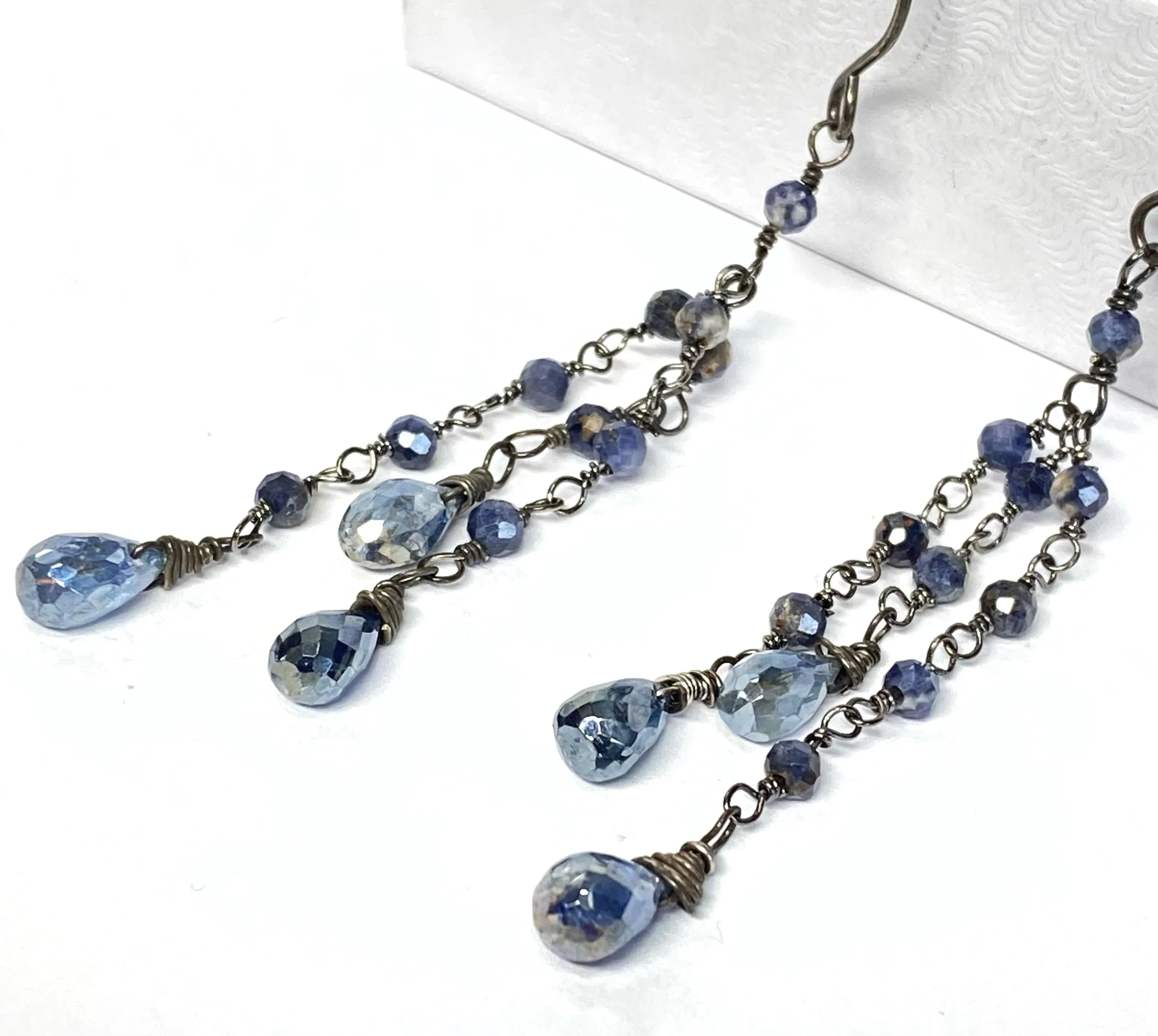 Mystic Blue Kyanite Dainty Tassel Earrings Oxidized Silver