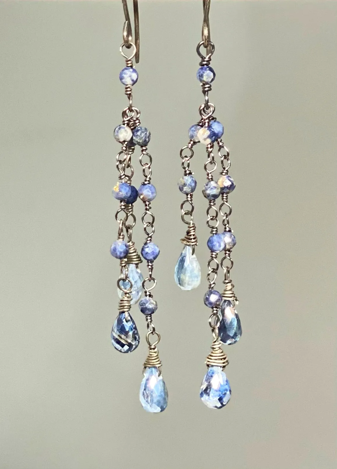 Mystic Blue Kyanite Dainty Tassel Earrings Oxidized Silver