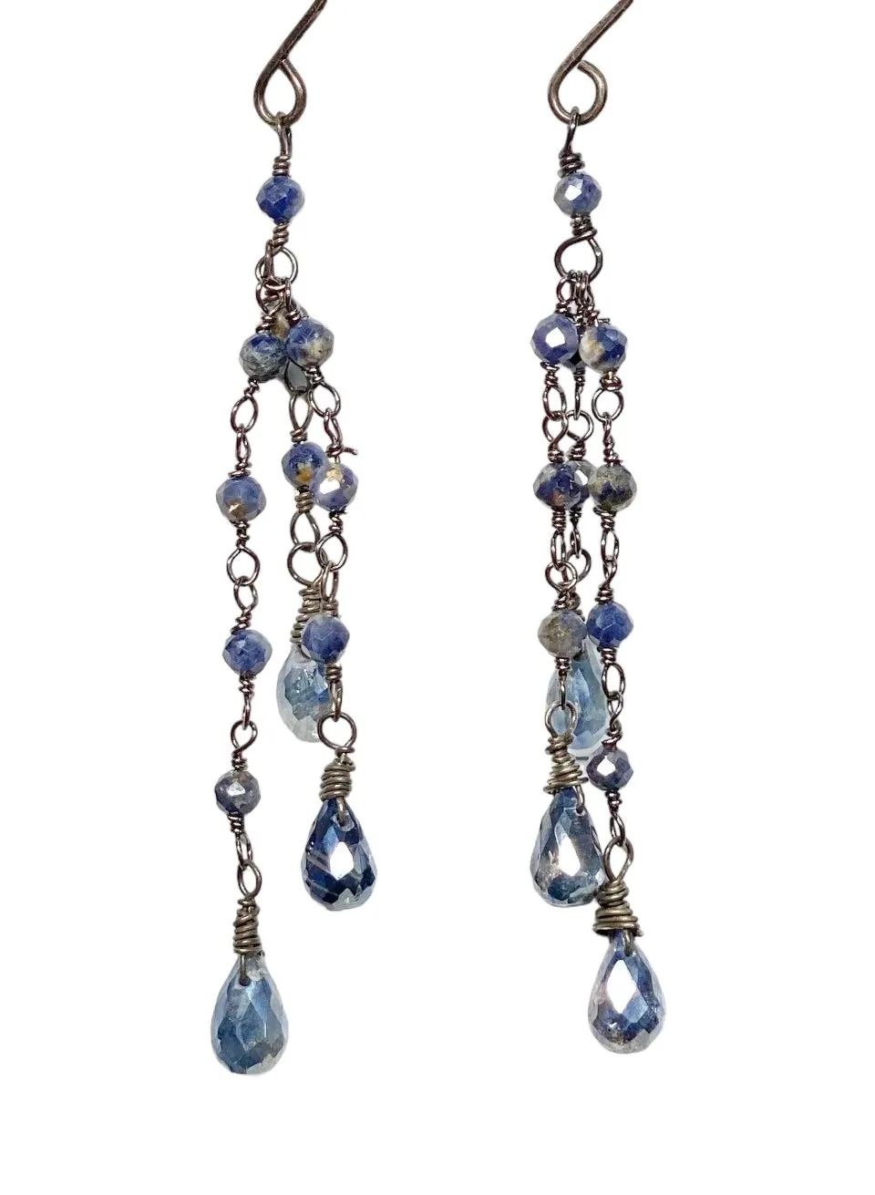 Mystic Blue Kyanite Dainty Tassel Earrings Oxidized Silver
