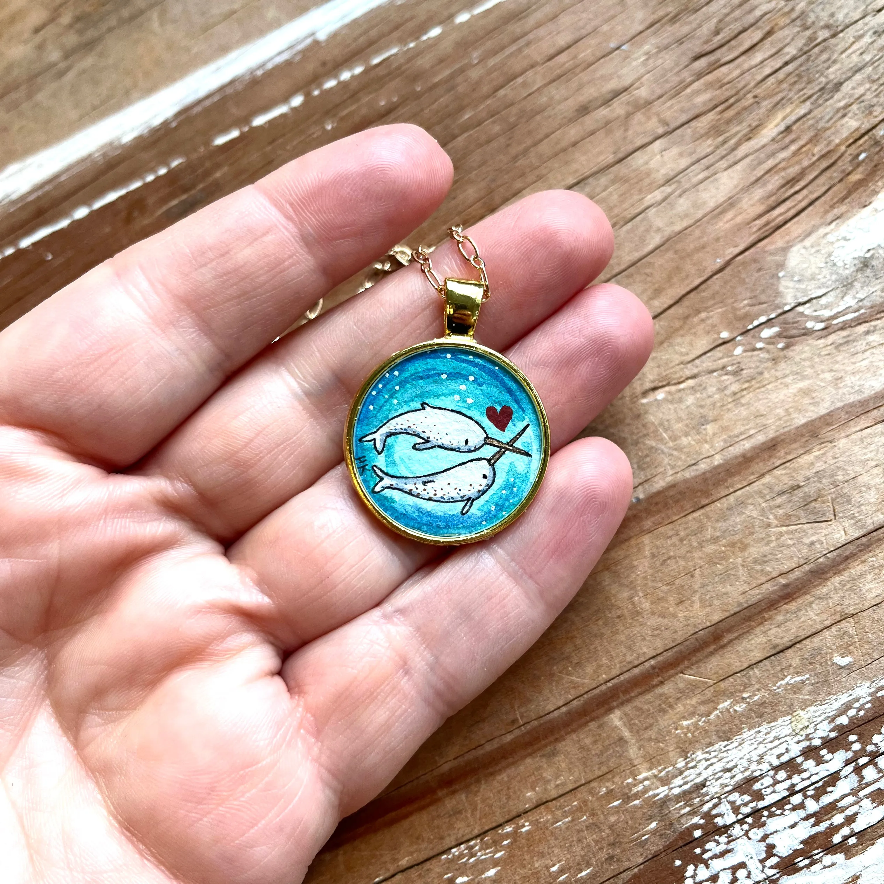Narwhal Love - Original Hand Painted Necklace, Cute & Funny Narwhal Illustration