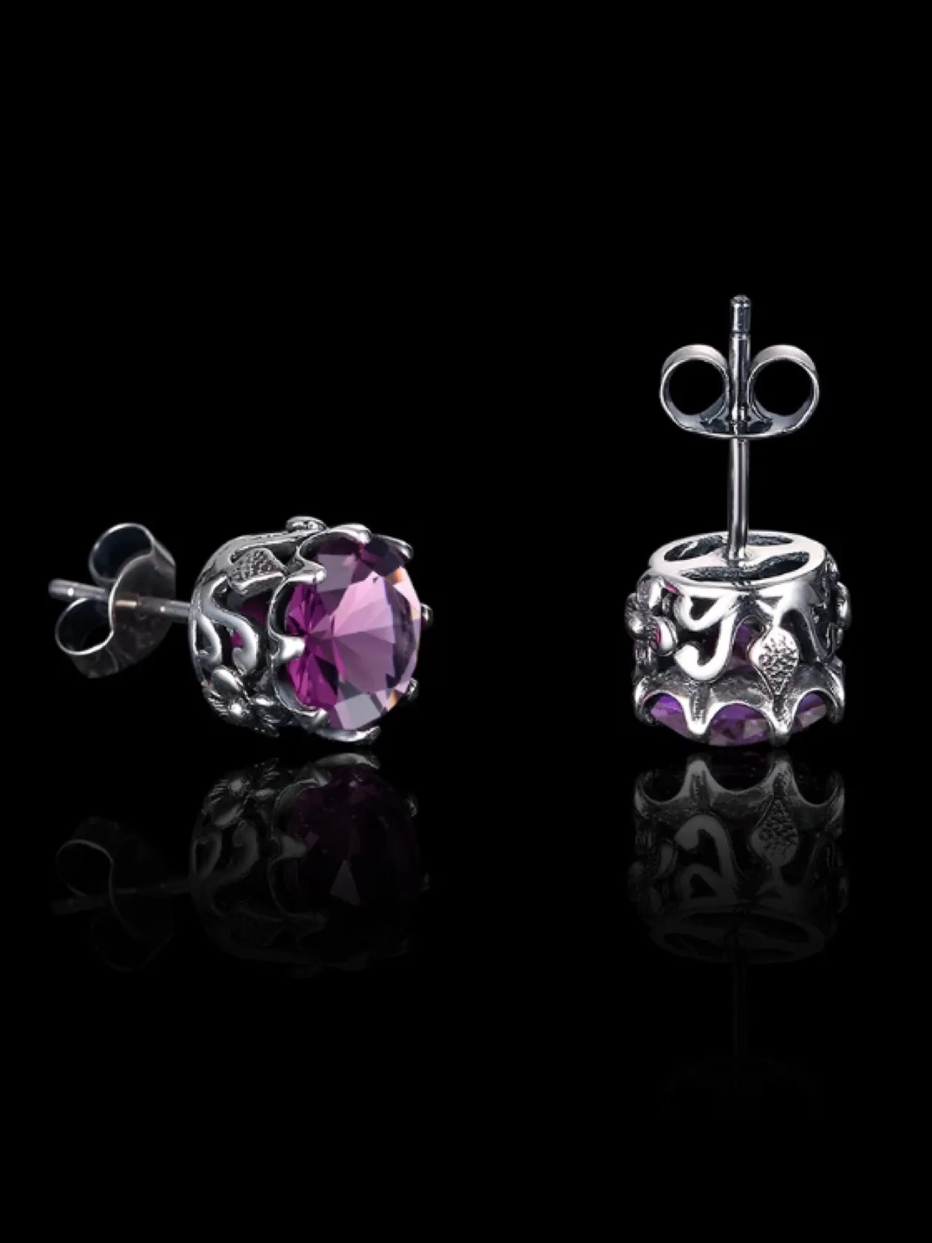 Natural Amethyst Earrings, Round Daisy Stud Earrings, Sterling Silver Vintage Filigree Jewelry, E66