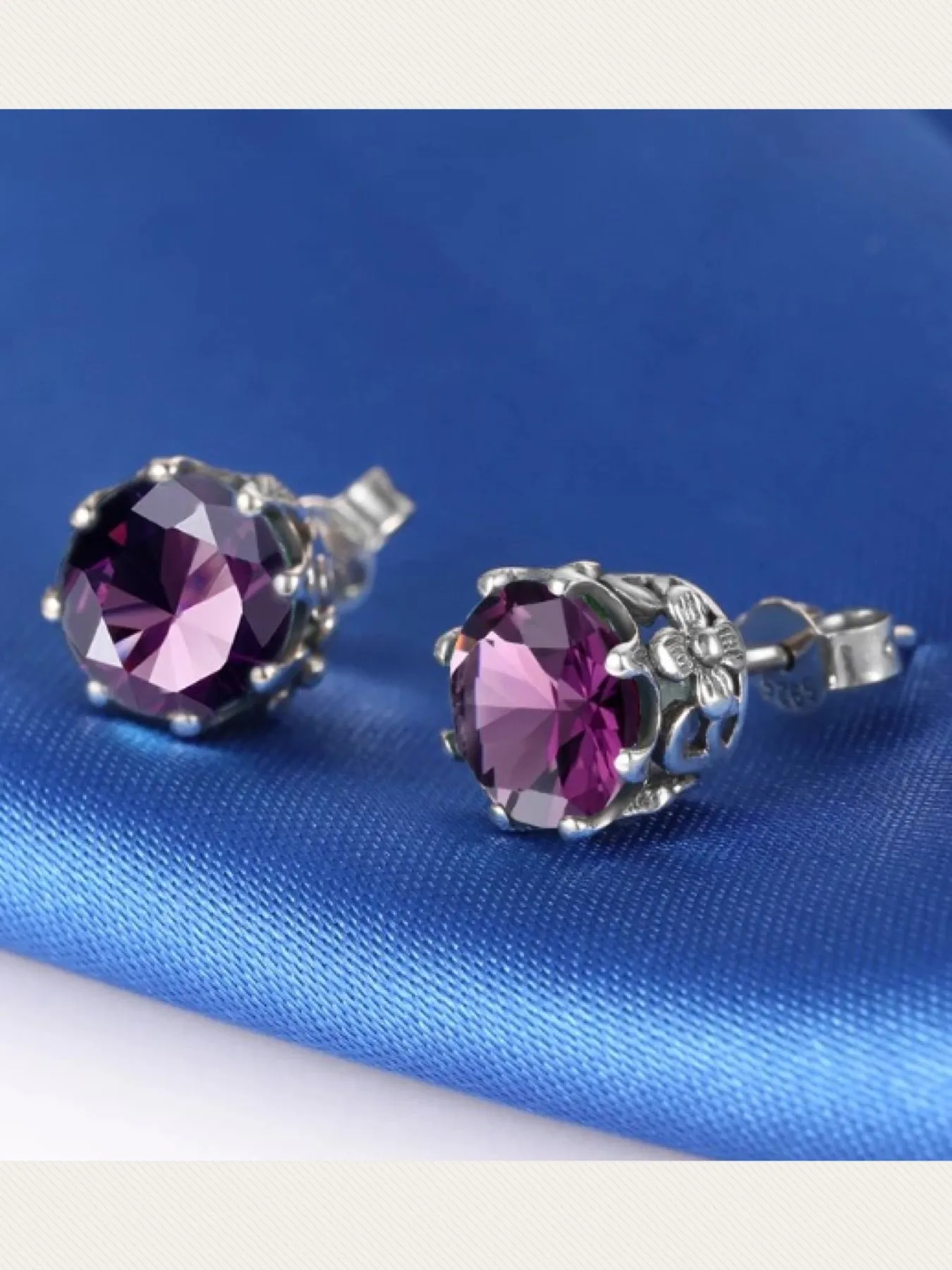 Natural Amethyst Earrings, Round Daisy Stud Earrings, Sterling Silver Vintage Filigree Jewelry, E66