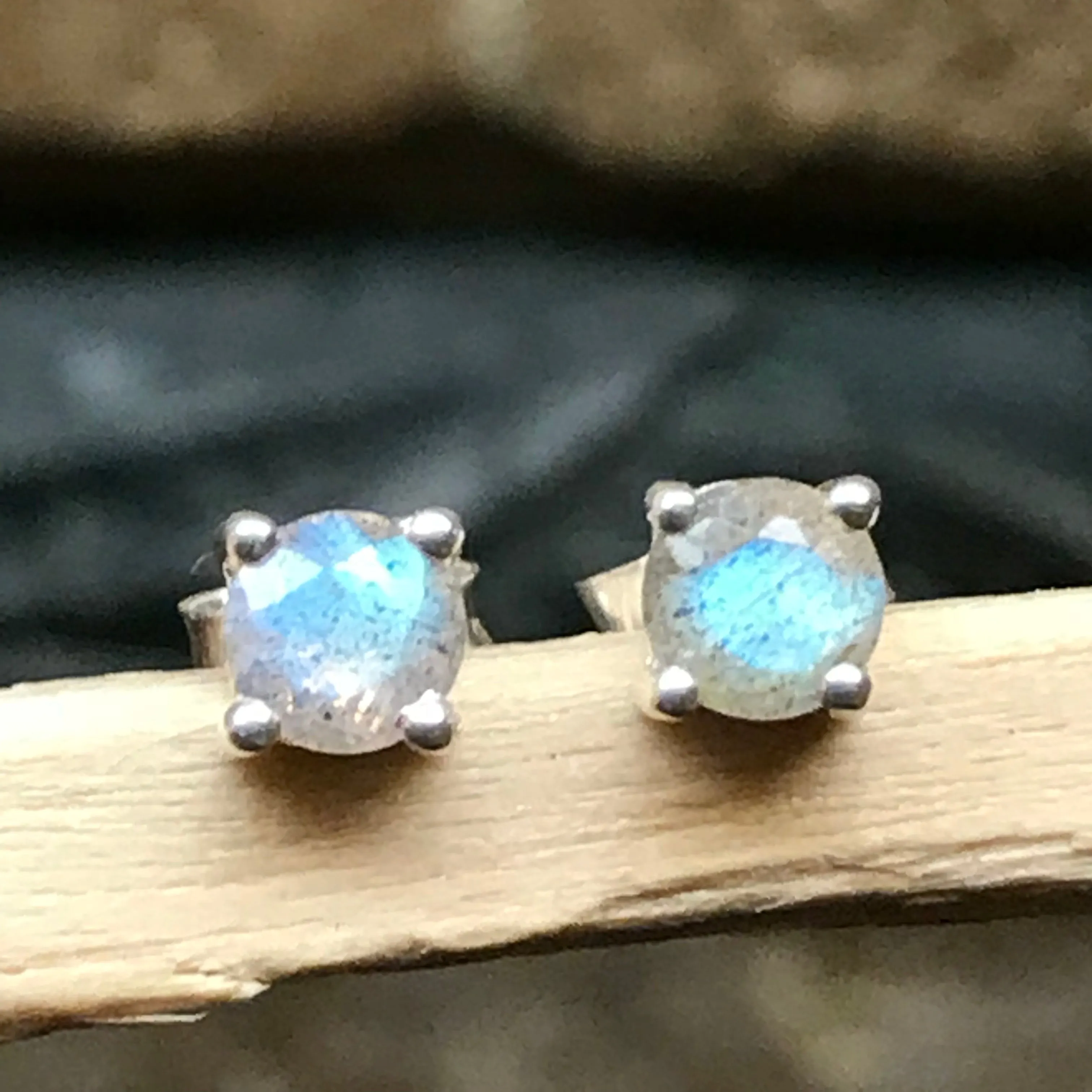 Natural Blue Labradorite 925 Sterling Silver Earrings 4mm