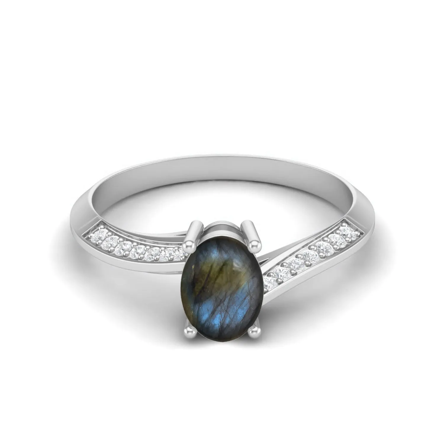 Natural Labradorite Engagement Ring 925 Sterling Silver Solitaire Accent Ring For Women