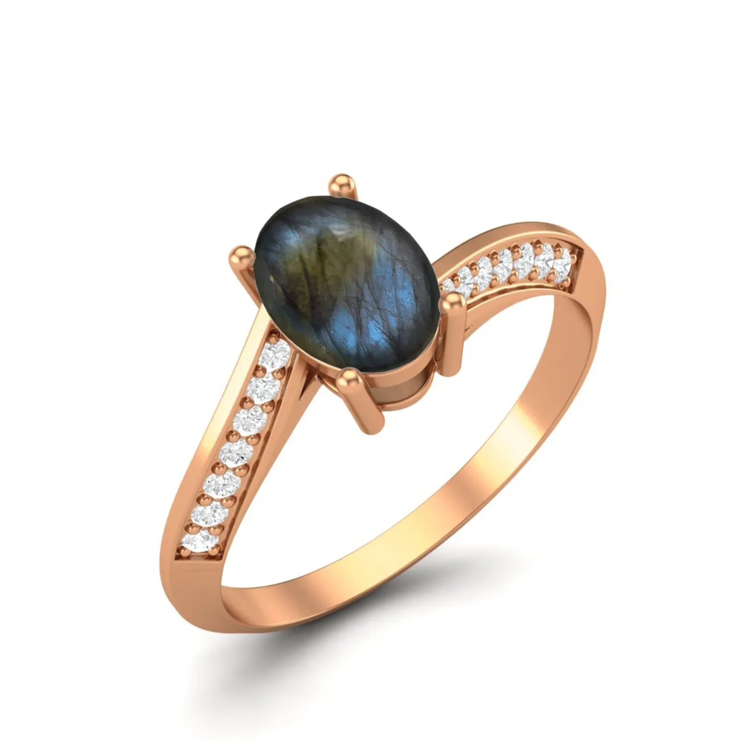 Natural Labradorite Engagement Ring 925 Sterling Silver Solitaire Accent Ring For Women