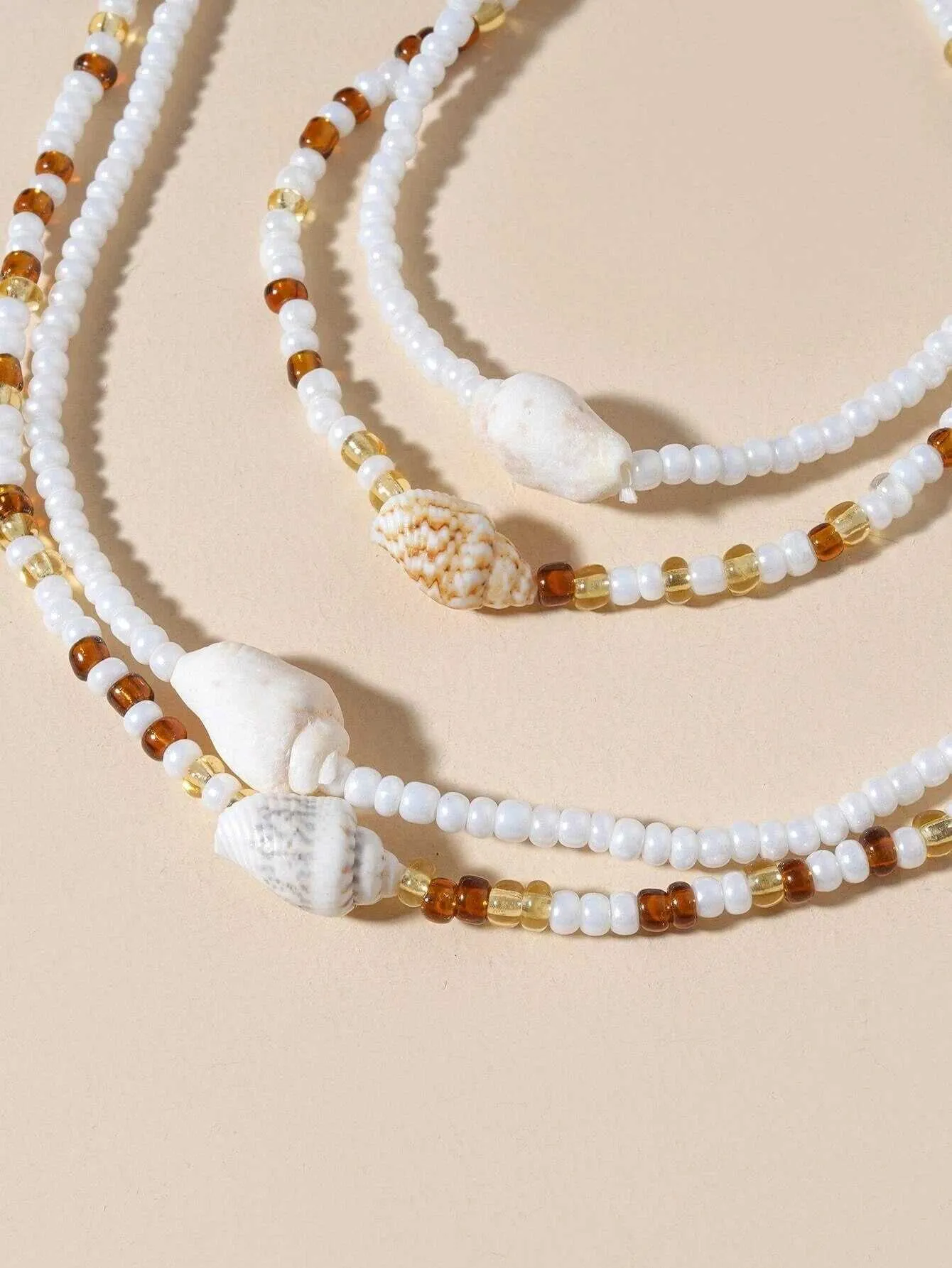 Natural Seashell Stretch Choker Necklace 4 PC Set, Shell Elastic Bracelet, Unisex Seed Bead Beach Necklace Set
