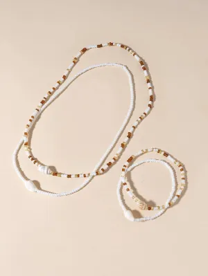 Natural Seashell Stretch Choker Necklace 4 PC Set, Shell Elastic Bracelet, Unisex Seed Bead Beach Necklace Set