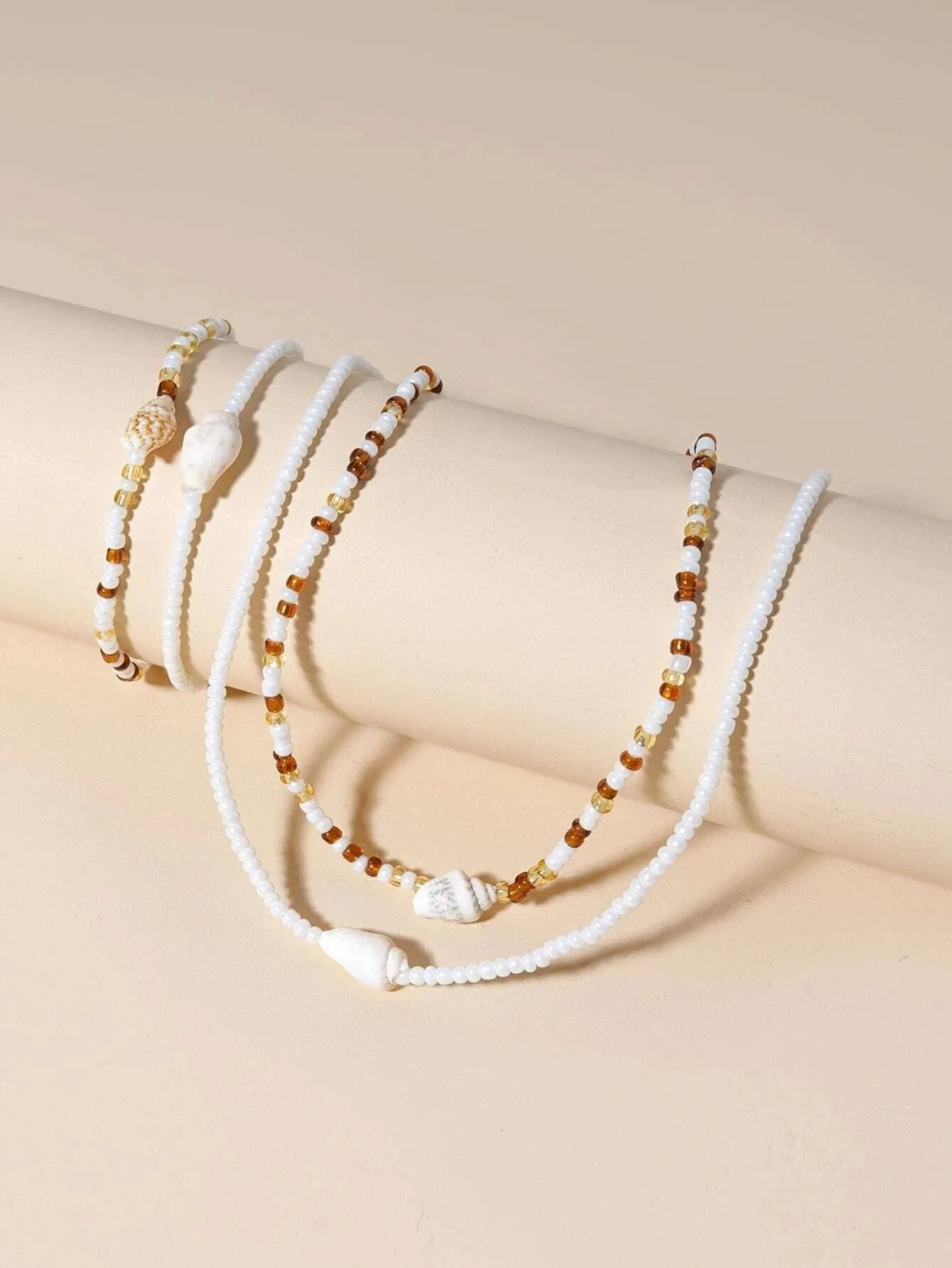 Natural Seashell Stretch Choker Necklace 4 PC Set, Shell Elastic Bracelet, Unisex Seed Bead Beach Necklace Set