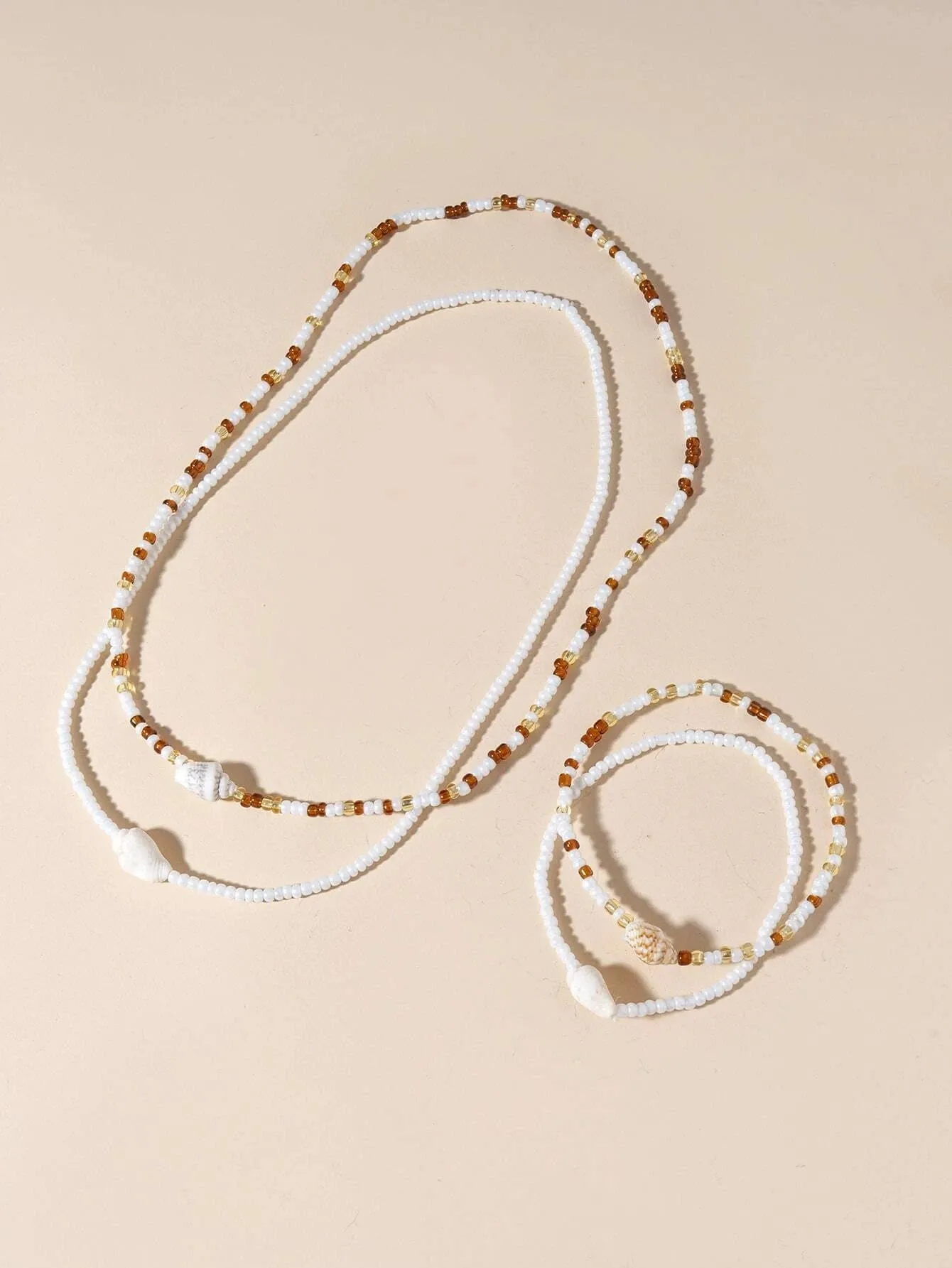 Natural Seashell Stretch Choker Necklace 4 PC Set, Shell Elastic Bracelet, Unisex Seed Bead Beach Necklace Set