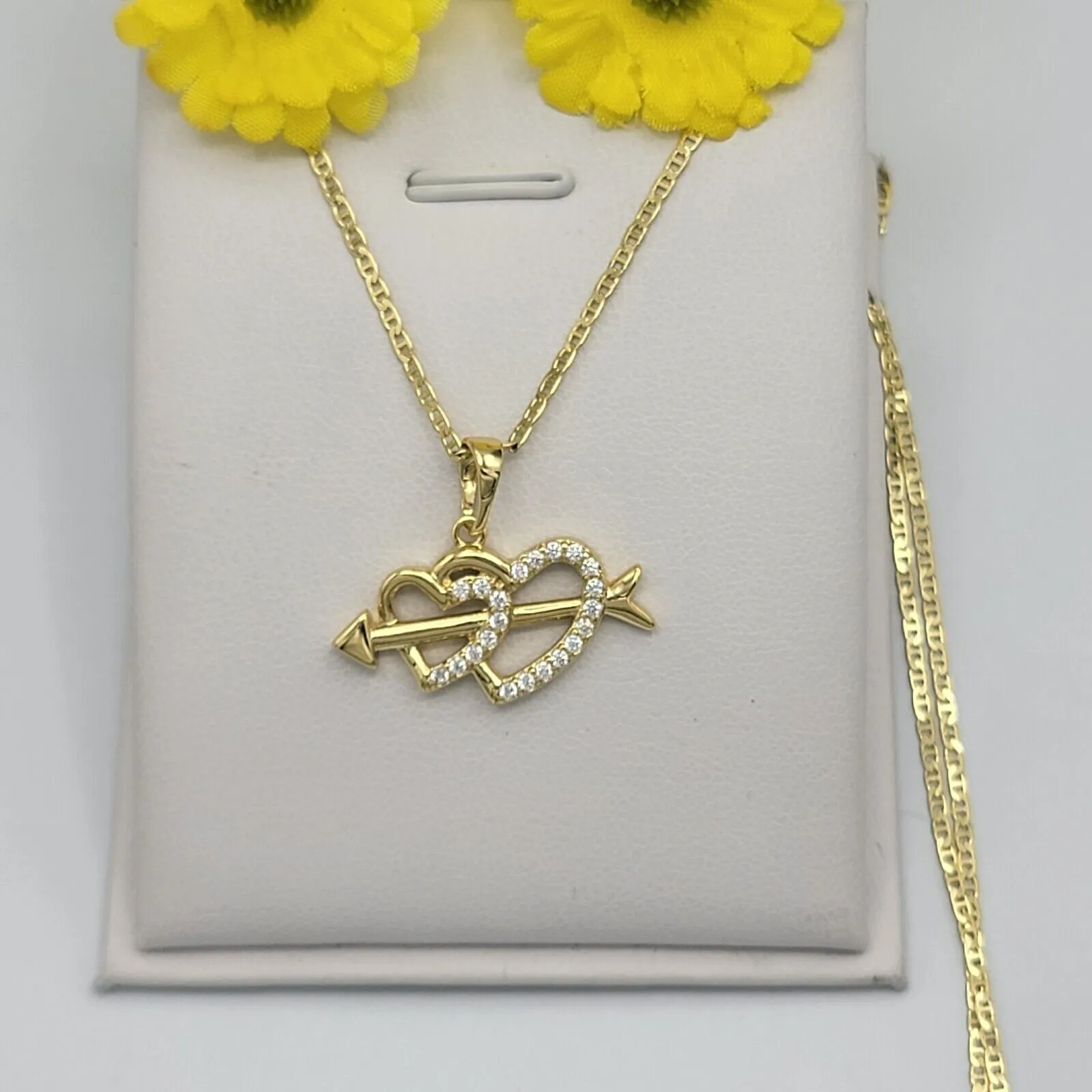 Necklaces - 14K Gold Plated. Double Heart & Arrow Pendant & Chain.