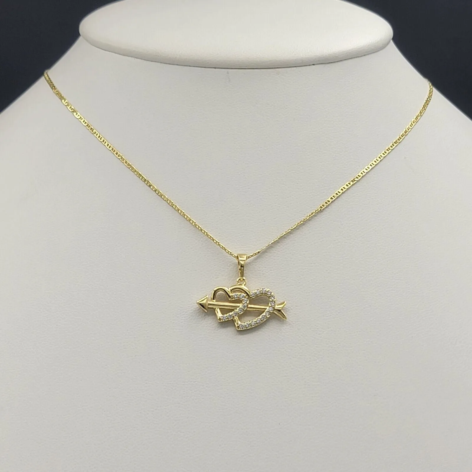 Necklaces - 14K Gold Plated. Double Heart & Arrow Pendant & Chain.