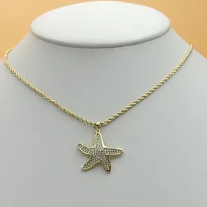 Necklaces - 14K Gold Plated. Shiny Icy Starfish Pendant & Chain.