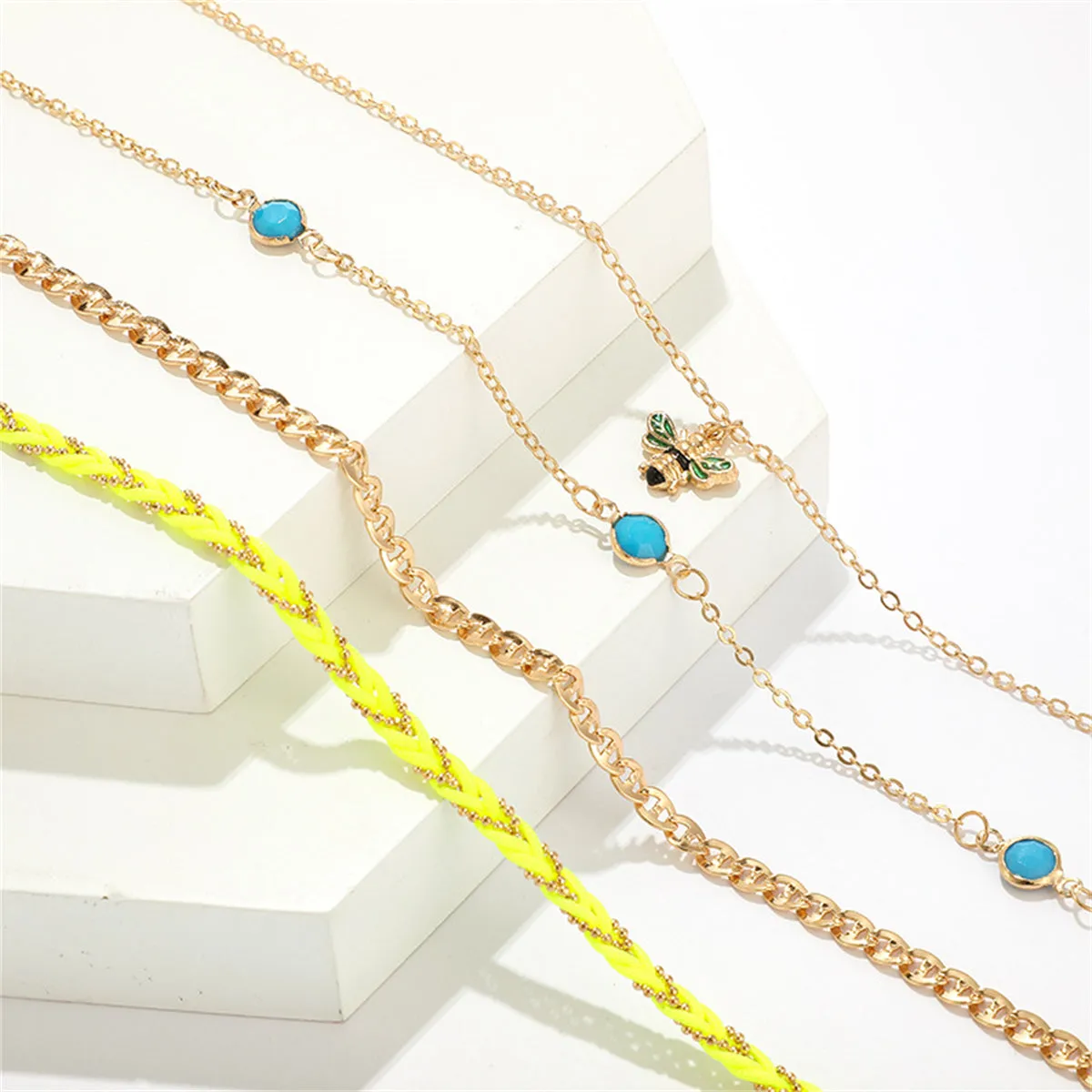 Neon Yellow & 18K Gold-Plated Bee Charm Anklet Set