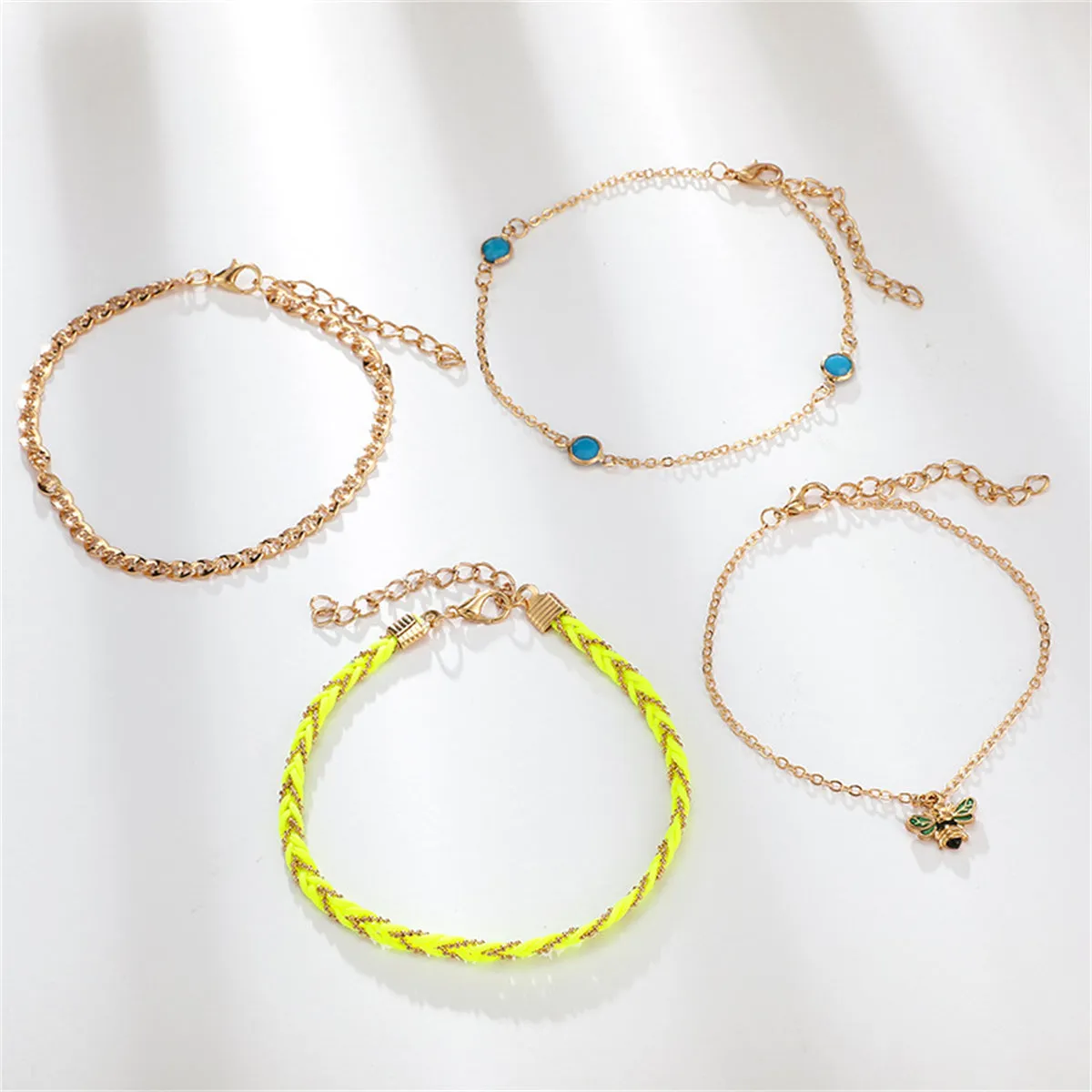 Neon Yellow & 18K Gold-Plated Bee Charm Anklet Set