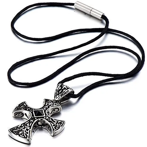 New Stainless Steel Gothic Celtic Cross Pendant Necklace with Cz Accent 22.8 Inches Black Silicone Cord