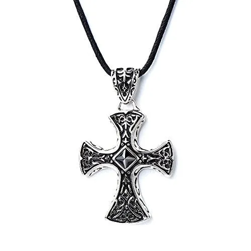 New Stainless Steel Gothic Celtic Cross Pendant Necklace with Cz Accent 22.8 Inches Black Silicone Cord