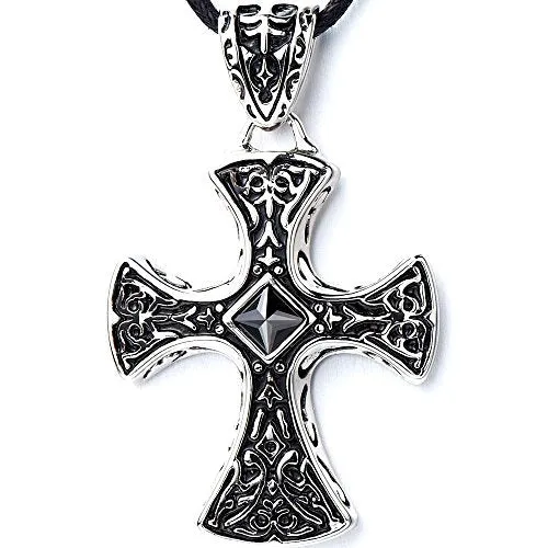 New Stainless Steel Gothic Celtic Cross Pendant Necklace with Cz Accent 22.8 Inches Black Silicone Cord
