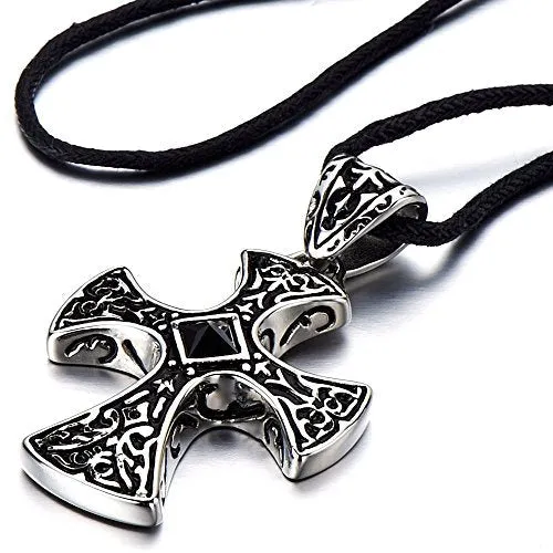 New Stainless Steel Gothic Celtic Cross Pendant Necklace with Cz Accent 22.8 Inches Black Silicone Cord