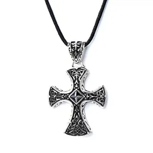New Stainless Steel Gothic Celtic Cross Pendant Necklace with Cz Accent 22.8 Inches Black Silicone Cord
