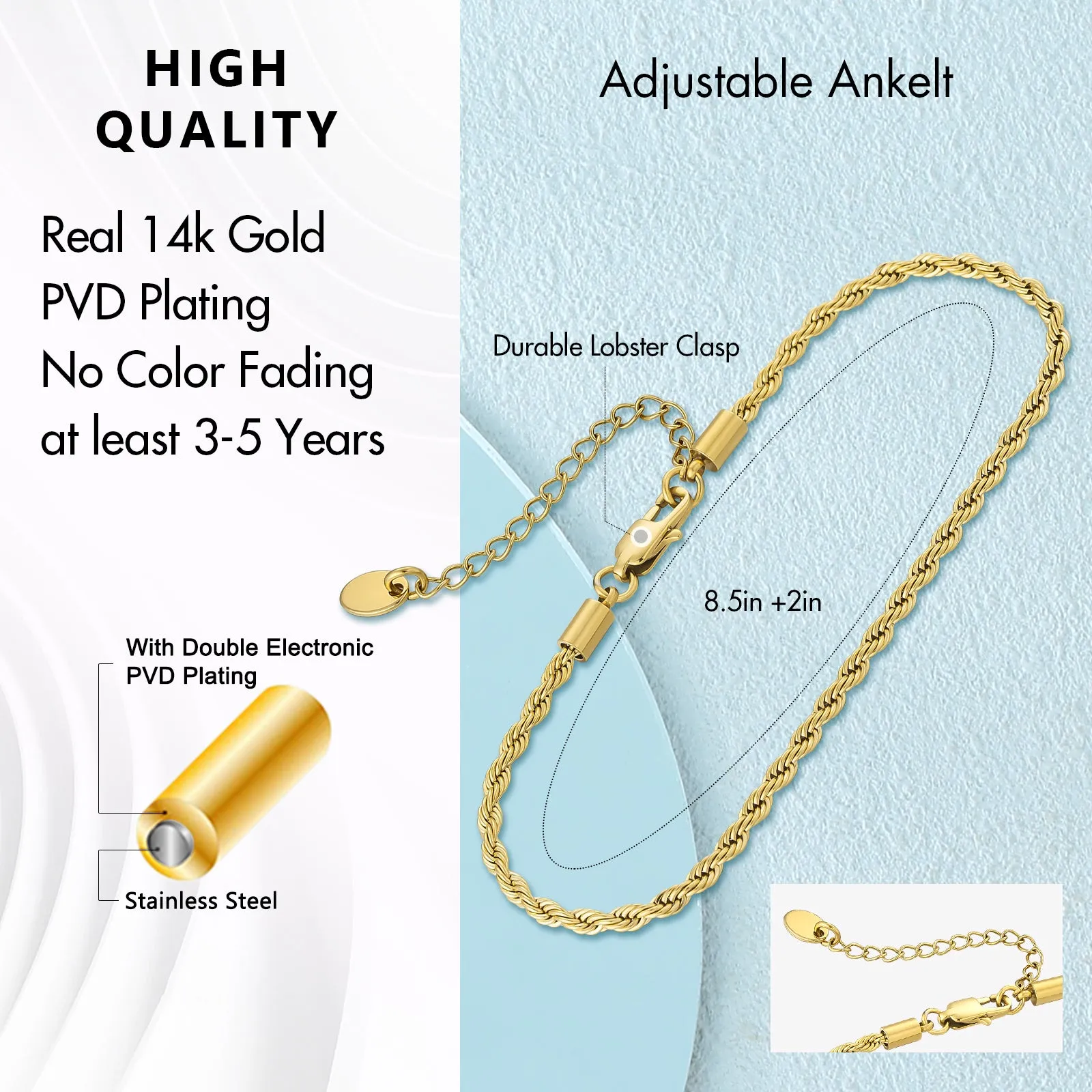 【NEW】18K Gold/White Gold Rope Chain Anklet  Bracelet KRKC