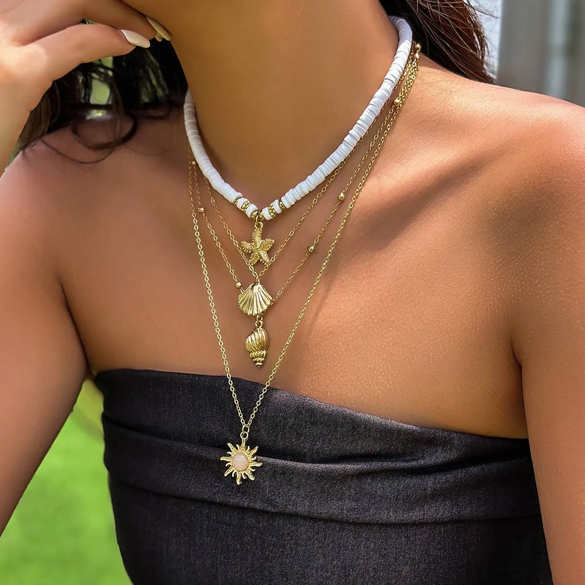Ocean Style Conch Shell Multilayer Necklace (Pearl Seashell)