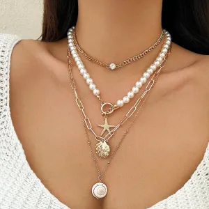 Ocean Style Conch Shell Multilayer Necklace (Pearl Seashell)