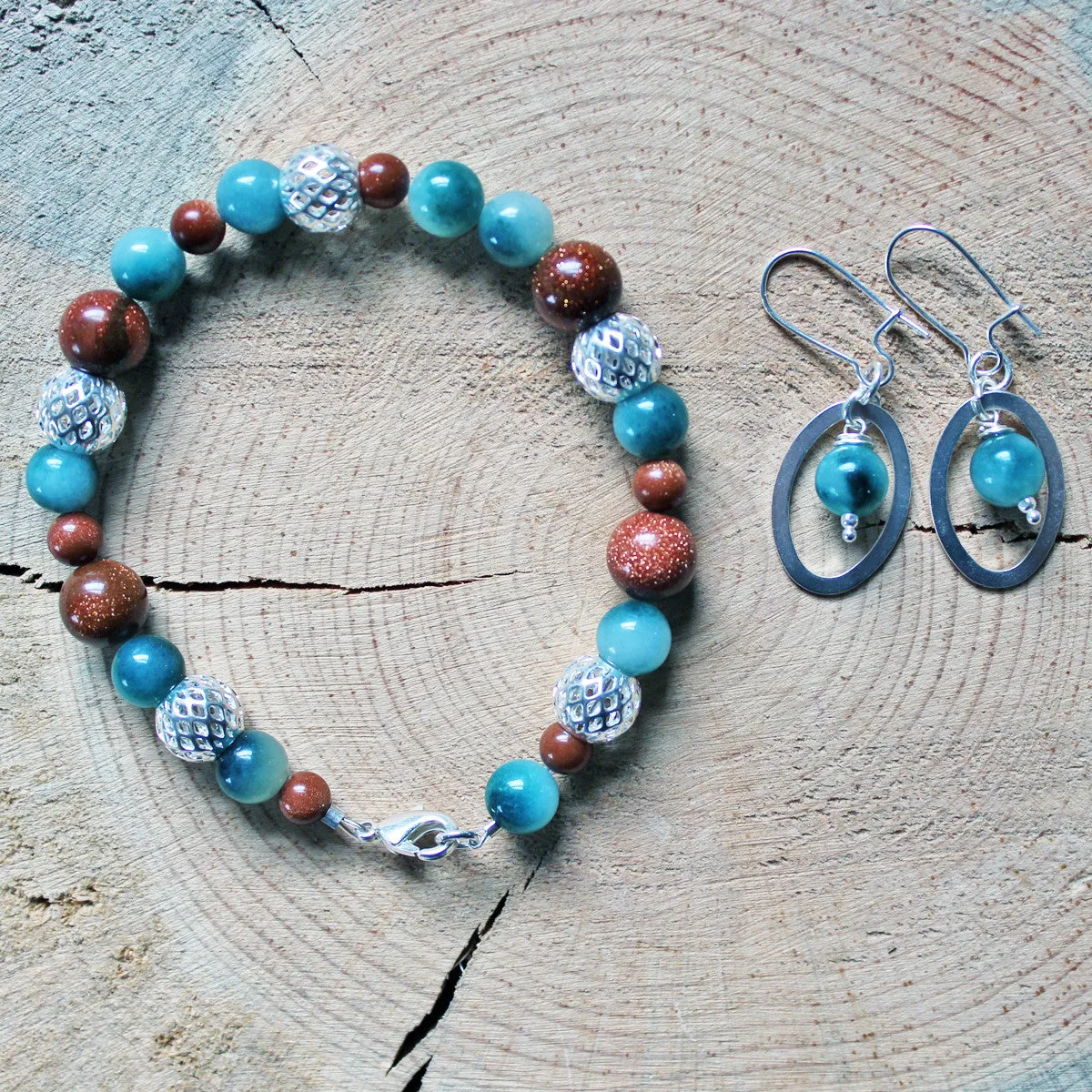Oval Gemstone Earrings with Gold Sandstone or Caribbean Sea Green Jade
