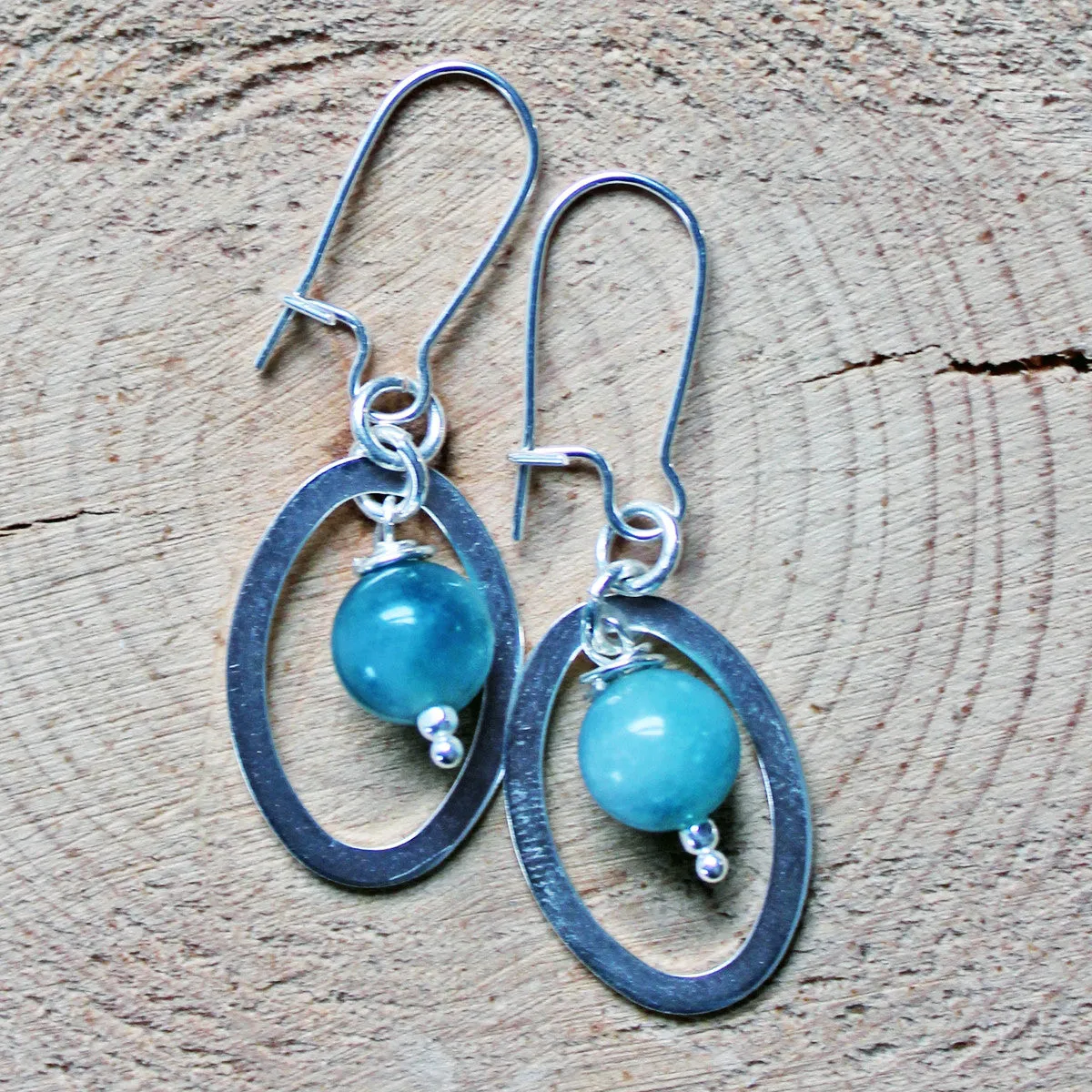 Oval Gemstone Earrings with Gold Sandstone or Caribbean Sea Green Jade