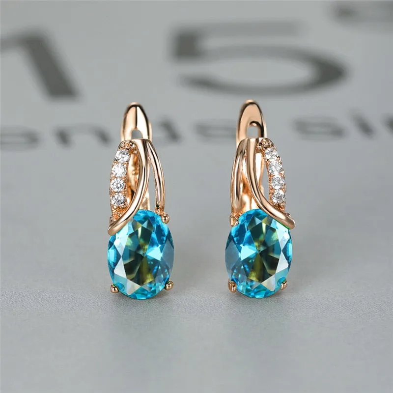 Oval Zircon Gemstone Hoop Earrings Rose Gold For Women Engagement Jewelry