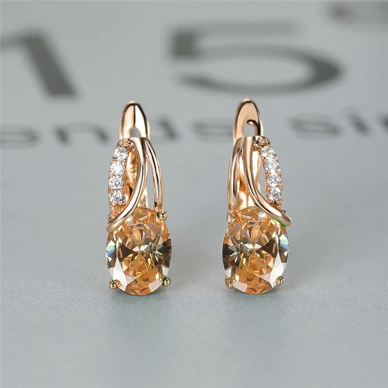 Oval Zircon Gemstone Hoop Earrings Rose Gold For Women Engagement Jewelry
