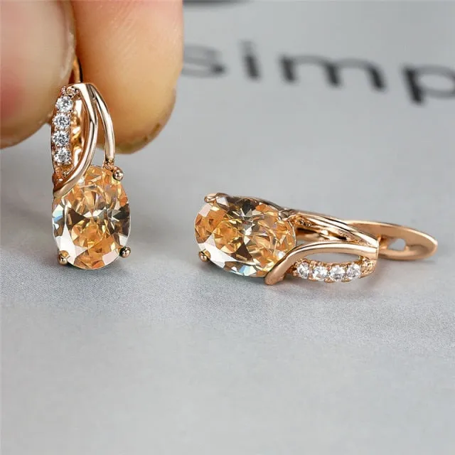 Oval Zircon Gemstone Hoop Earrings Rose Gold For Women Engagement Jewelry