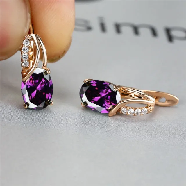 Oval Zircon Gemstone Hoop Earrings Rose Gold For Women Engagement Jewelry