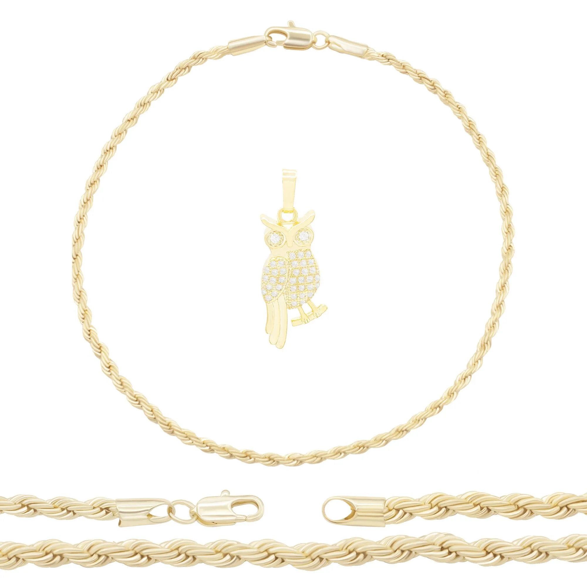 Owl Pendant 14K Anklet Gold Filled Cubic Zirconia Charm Rope Chain Set 10" WomenJewelry