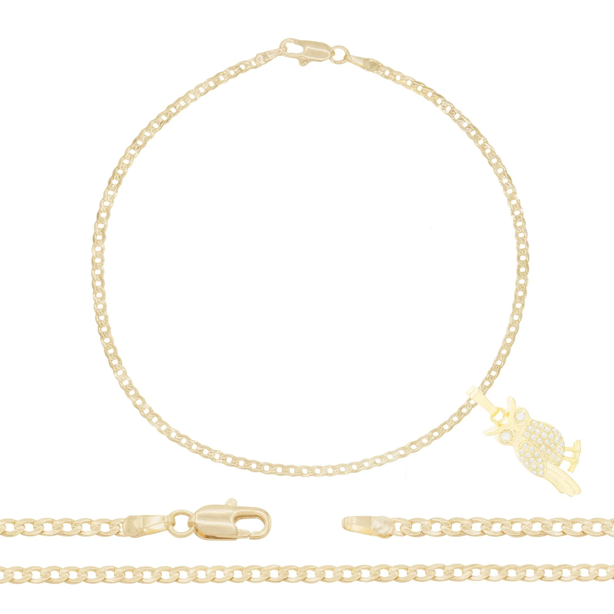 Owl Pendant 14K Gold Filled Cubic Zirconia Anklet 10" Set 2.5 mm Women