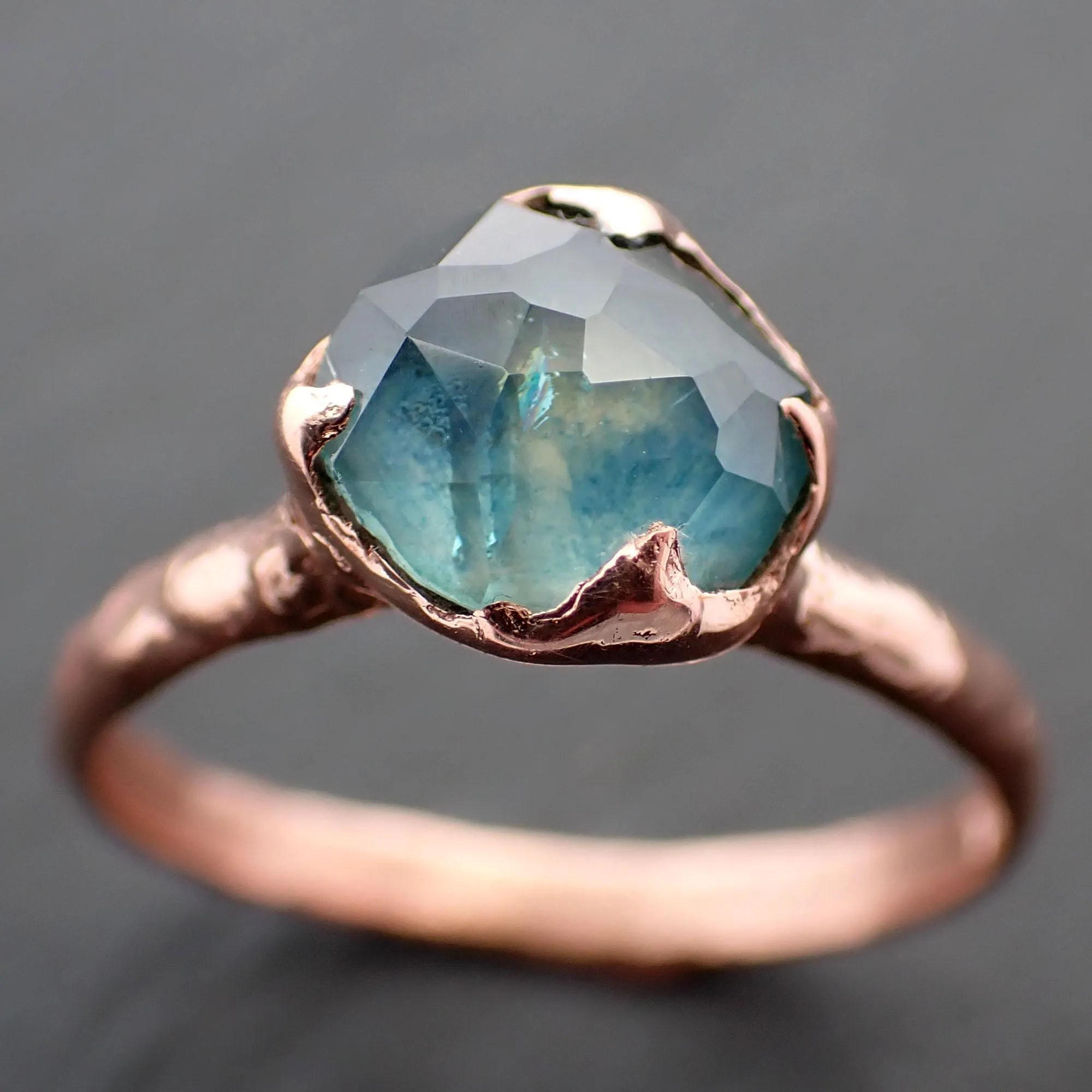 Partially Faceted Montana blue Sapphire Rose gold Solitaire Ring Gold Gemstone Engagement Ring 3542