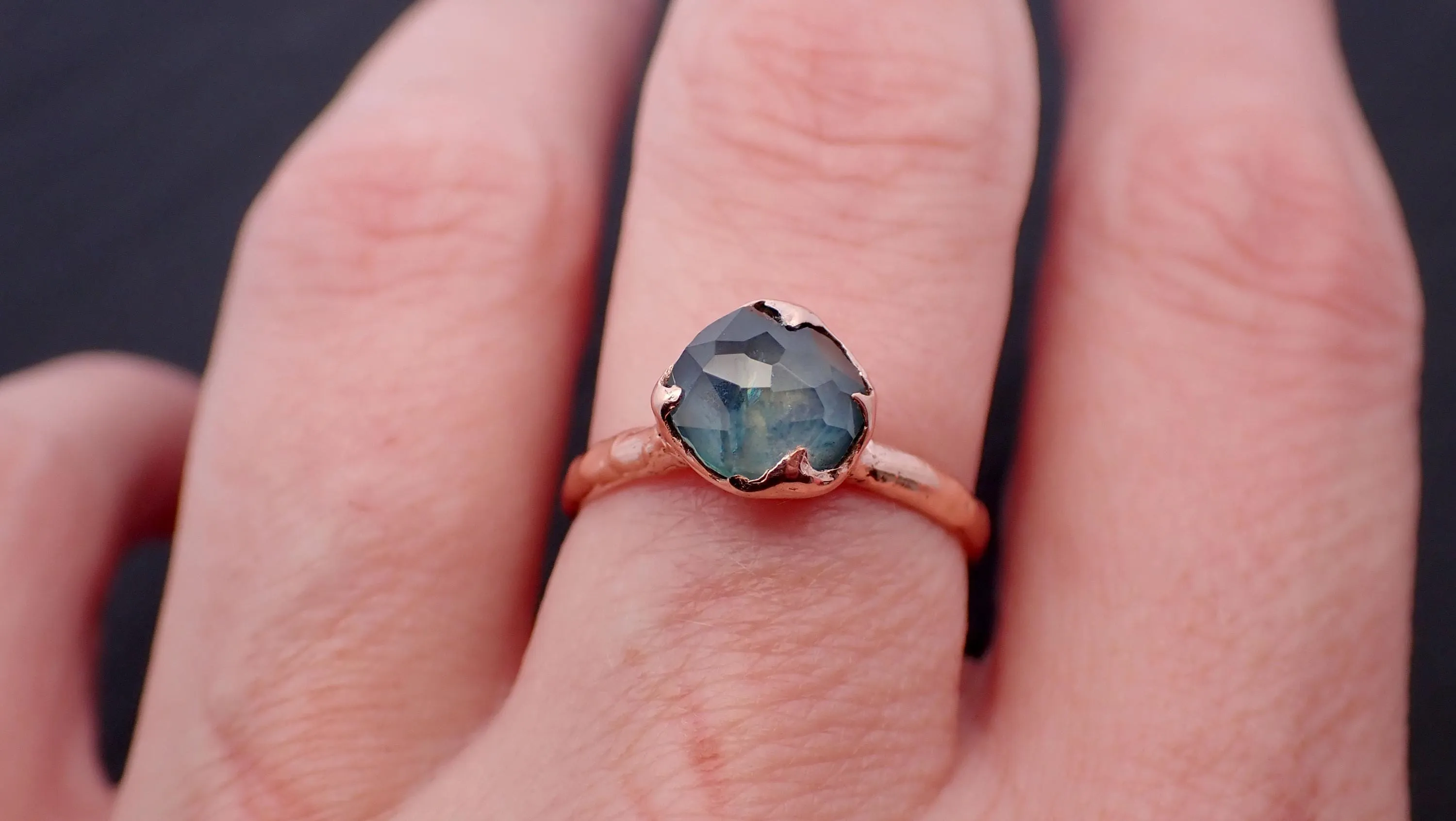 Partially Faceted Montana blue Sapphire Rose gold Solitaire Ring Gold Gemstone Engagement Ring 3542