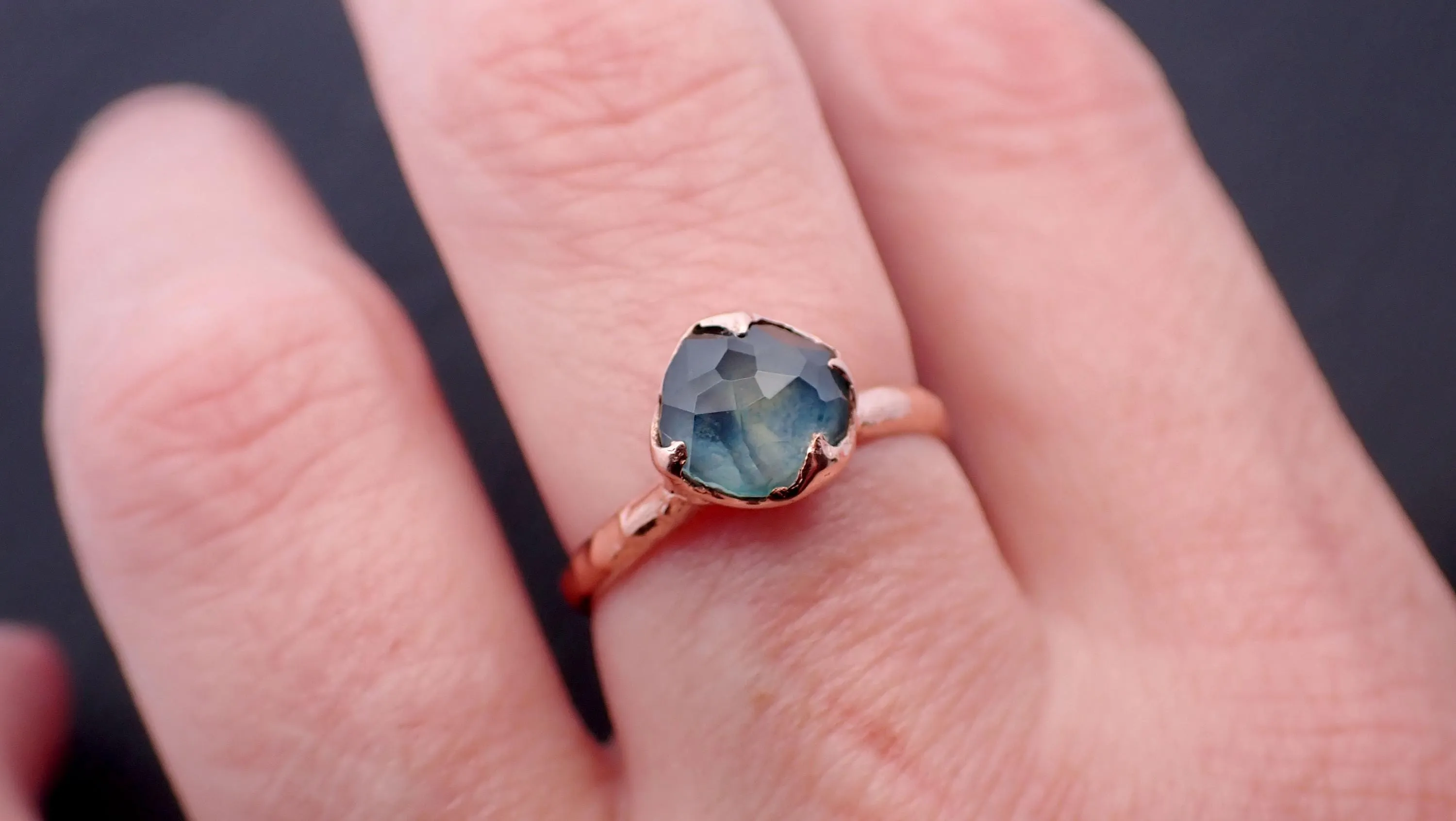 Partially Faceted Montana blue Sapphire Rose gold Solitaire Ring Gold Gemstone Engagement Ring 3542